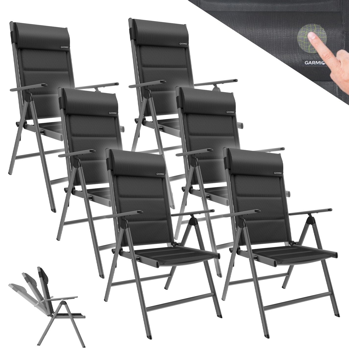 GARMIO&reg; Gartenstuhl Balkonstuhl FLORENZ schwarz, 6er SET, 7-fach verstellbar, klappbar, inkl. Nackenkissen, f&uuml;r Terrasse - Bild 1