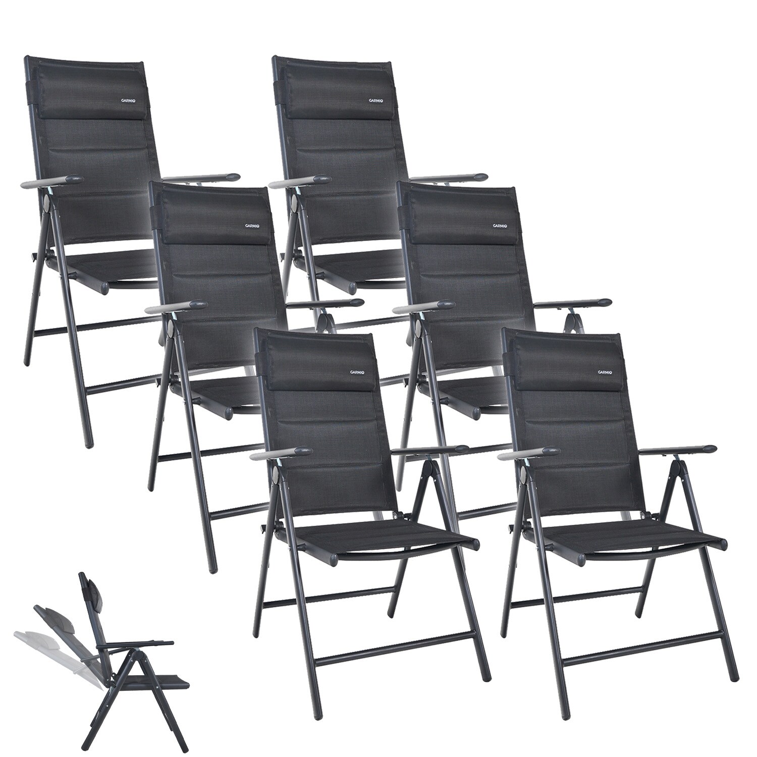 GARMIO® Gartenstuhl Balkonstuhl FLORENZ schwarz, 6er SET, 7-fach verstellbar, klappbar, inkl. Nackenkissen, für Terrasse