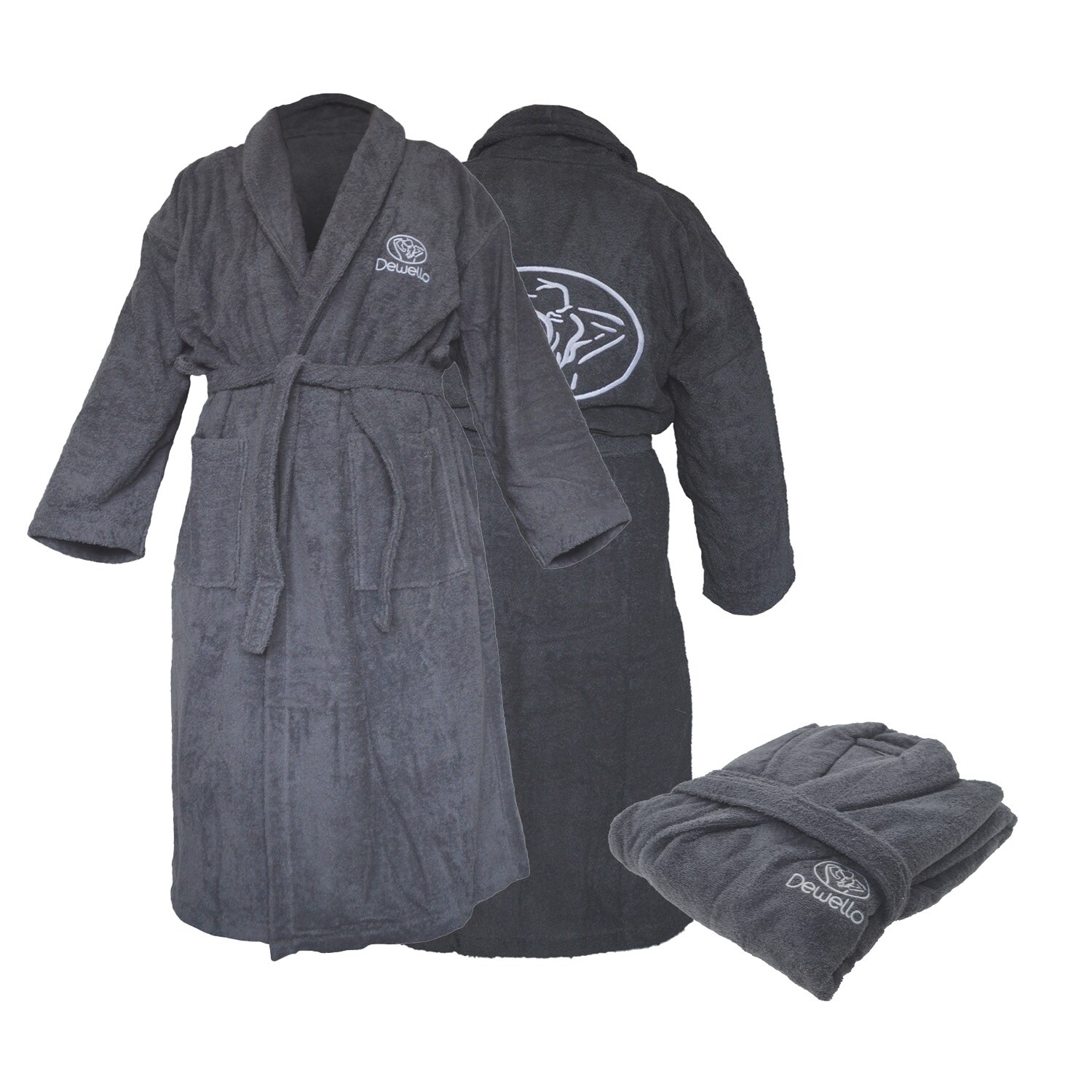 Dewello® Bademantel ohne Kapuze aus Baumwolle für Sauna und nach dem Sport, Frottee Unisex Grau, Verschiedene Größen (S-XXL), Farbe:Grau | 04251575101708