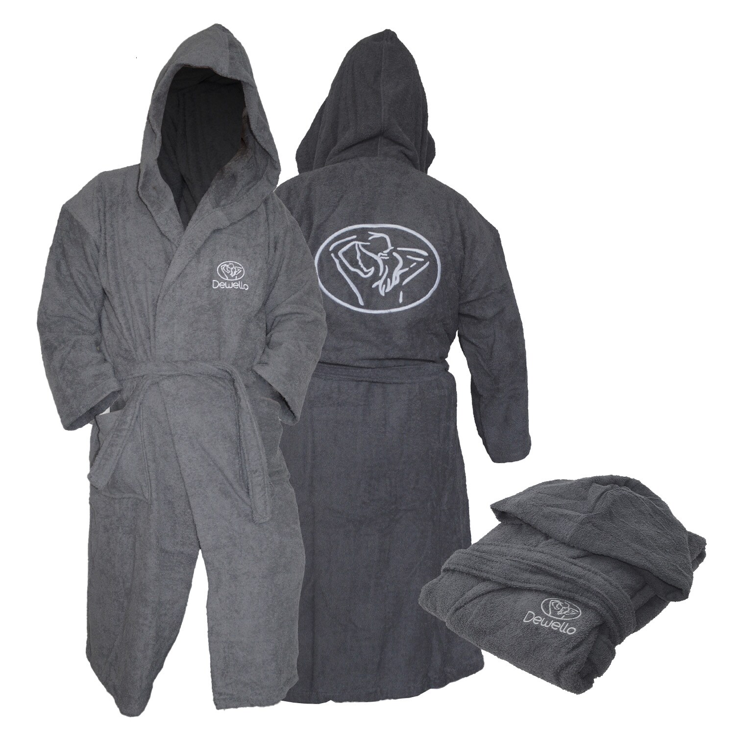 Dewello® Bademantel mit Kapuze Baumwolle für Sauna und nach dem Sport, Frottee Unisex Grau, Verschiedene Größen (S-XXL), Farbe:Grau | 04251575101531