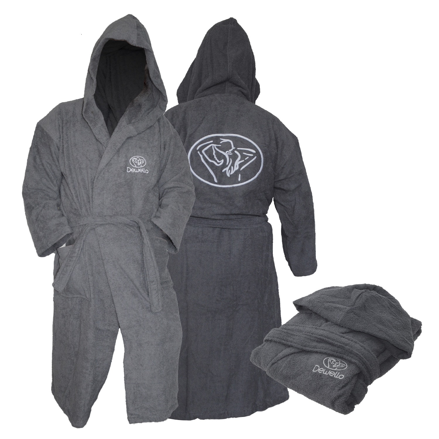 Dewello&reg; Bademantel mit Kapuze Baumwolle f&uuml;r Sauna und nach dem Sport, Frottee Unisex Grau, Verschiedene Gr&ouml;&szlig;en (S-XXL), Farbe:Grau - Bild 1