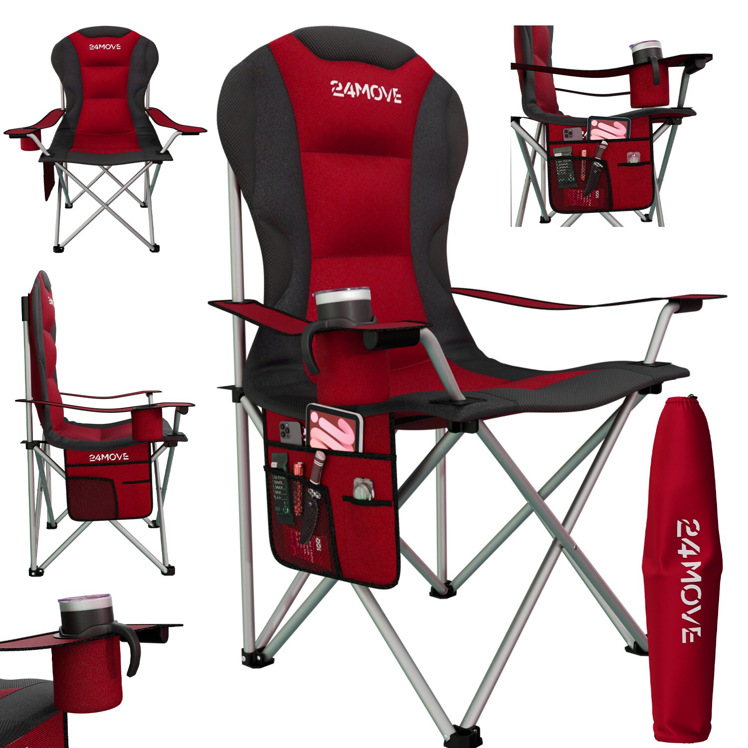 24MOVE® Campingstuhl Salvador faltbar Camping Klappstuhl gepolstert inkl. Tragetasche, bis 150kg belastbar, rot | 04099799000724