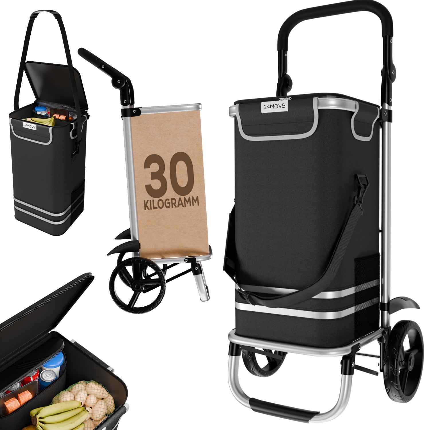 24MOVE&reg; Einkaufstrolley VEHLO 3in1 Trolley faltbarer Einkaufswagen mit K&uuml;hlfach, schwarz - Bild 1