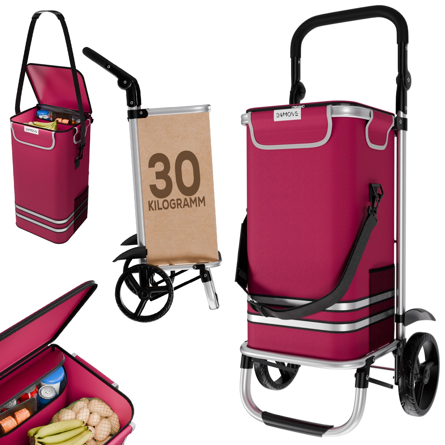 24MOVE&reg; Einkaufstrolley VEHLO 3in1 Trolley faltbarer Einkaufswagen mit K&uuml;hlfach, rot - Bild 1