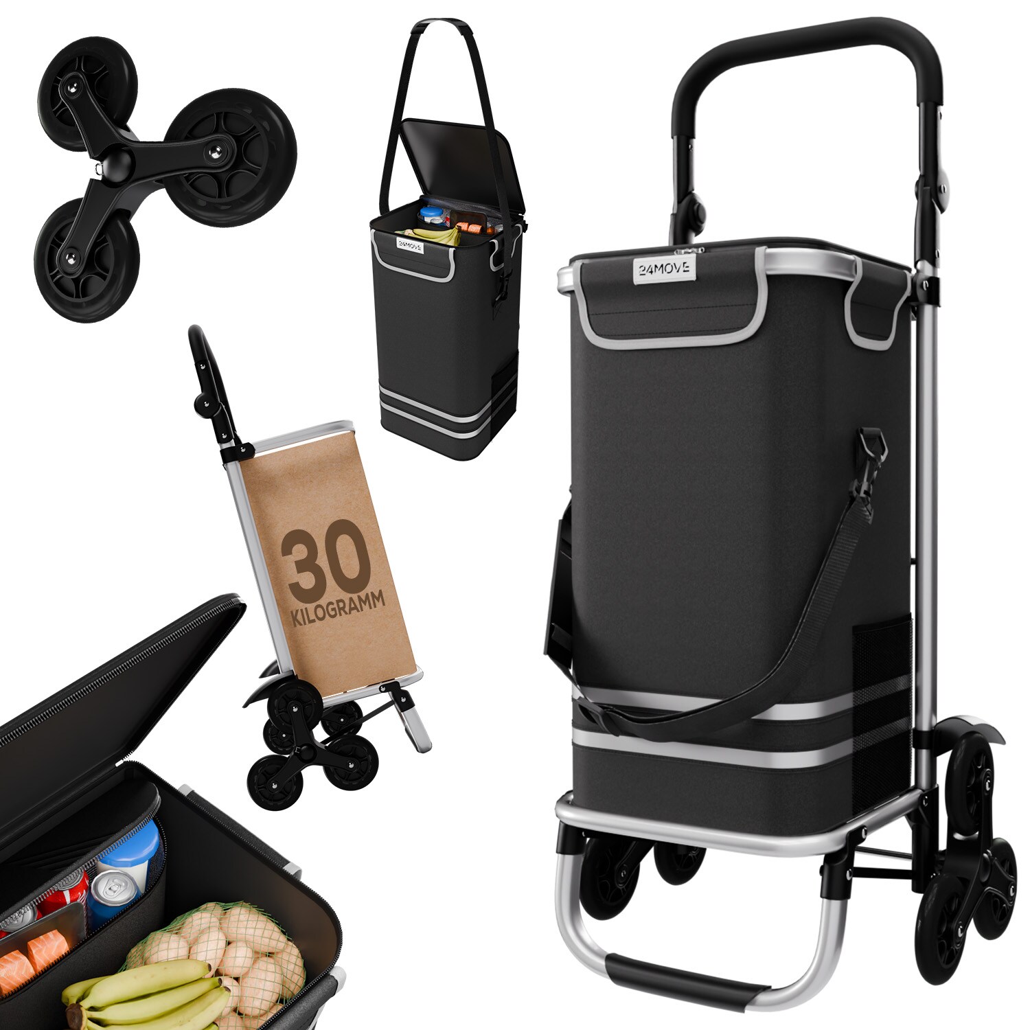 24MOVE&reg; Einkaufstrolley ALEGRE 3in1 Trolley faltbarer Einkaufswagen mit K&uuml;hlfach, schwarz - Bild 1