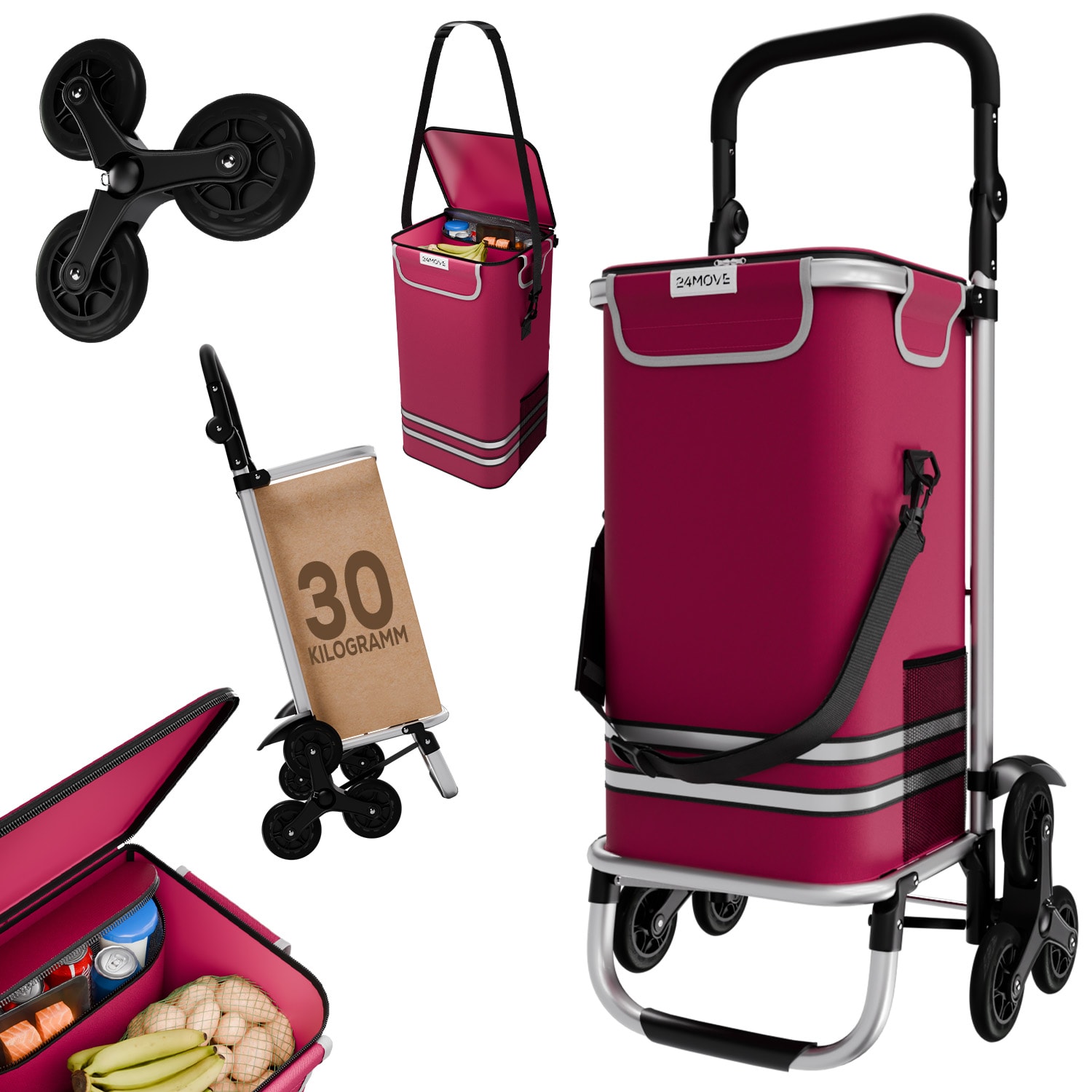 24MOVE&reg; Einkaufstrolley ALEGRE 3in1 Trolley faltbarer Einkaufswagen mit K&uuml;hlfach, rot - Bild 1