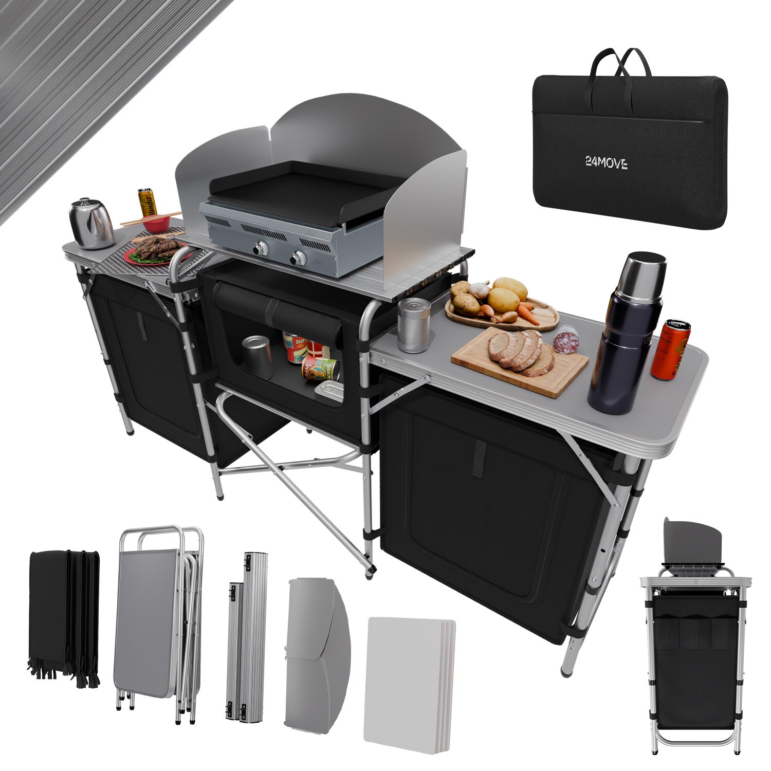 24MOVE&reg; Campingk&uuml;che CAMPO faltbar, Alu Outdoork&uuml;che mit Arbeitsplatte und Stauf&auml;chern inkl. Windschutz und Tragetasche - Bild 1