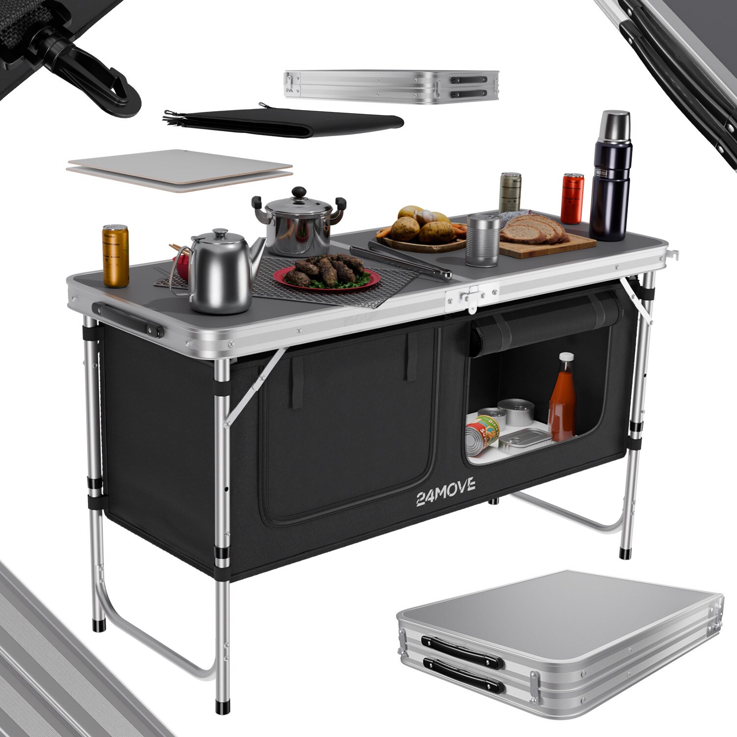 24MOVE&reg; Campingk&uuml;che PRAIA faltbar, h&ouml;henverstellbarer Campingschrank Alu Reisek&uuml;che mit Arbeitsplatte und Stauf&auml;chern, Outdoor Camping, tragbar - Bild 1