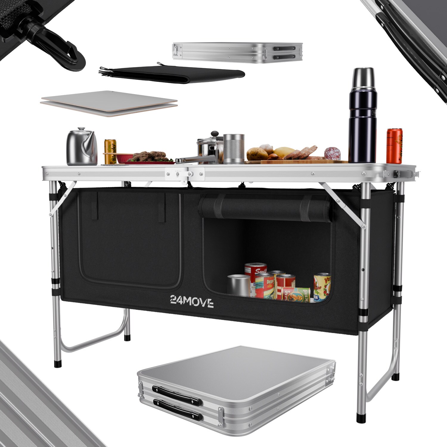 24MOVE® Campingküche PRAIA faltbar, höhenverstellbarer Campingschrank Alu Reiseküche mit Arbeitsplatte und Staufächern, Outdoor Camping, tragbar | 04099799000793
