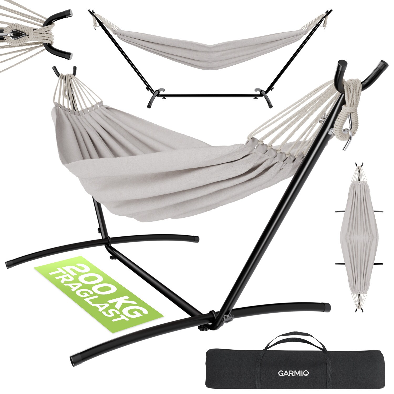 GARMIO® Hängematte beige mit Stahlgestell 270 x 110 x 105 cm, 200 kg Tragkraft, klappbar, pflegeleicht, inkl. Zubehör & Tragetasche für …