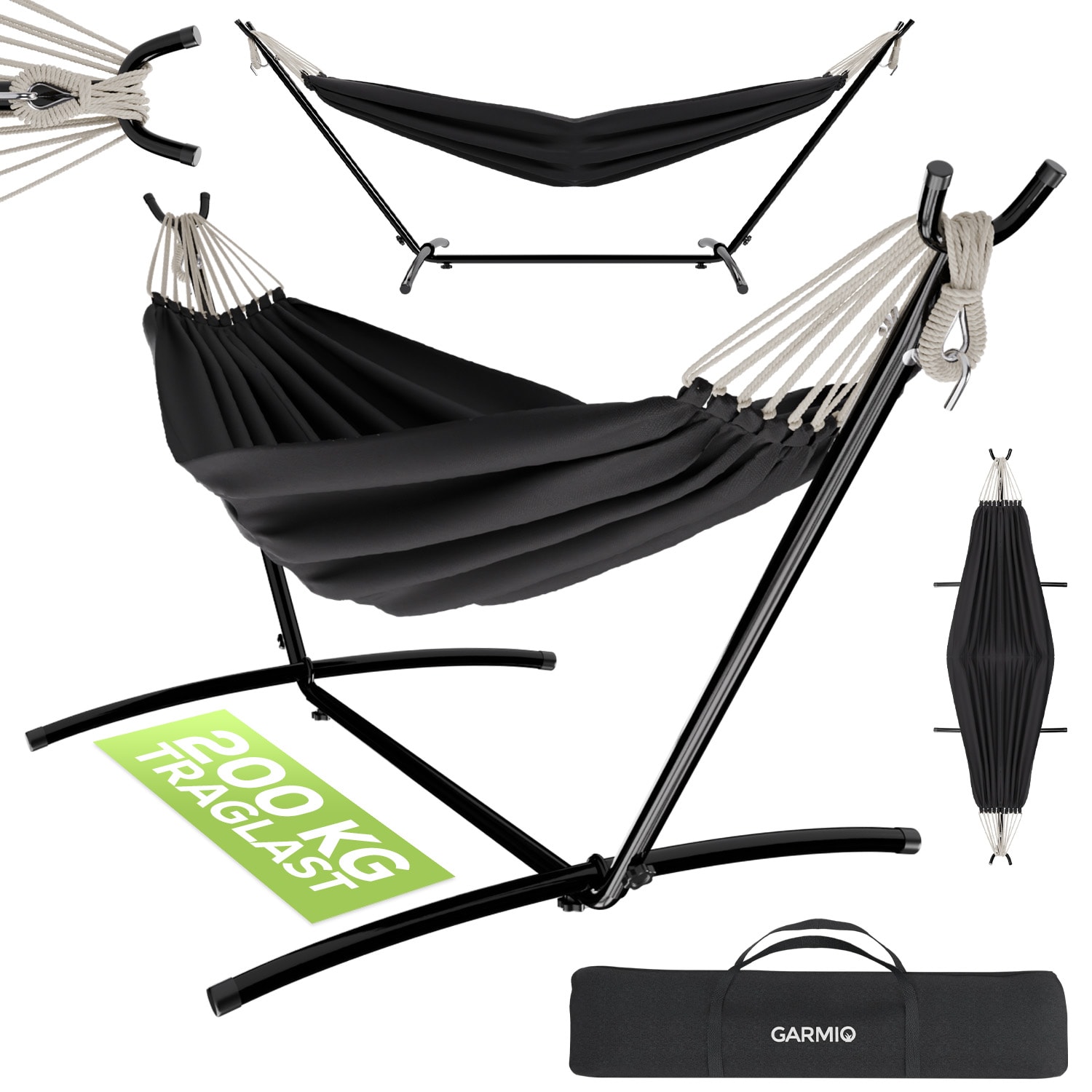 GARMIO&reg; H&auml;ngematte anthrazit 270&nbsp;x&nbsp;110&nbsp;x&nbsp;105&nbsp;cm, Stahlgestell mit Pulverbeschichtung, 200&nbsp;kg Tragkraft, klappbar, inkl. Tragetasche & Montageset - Bild 1