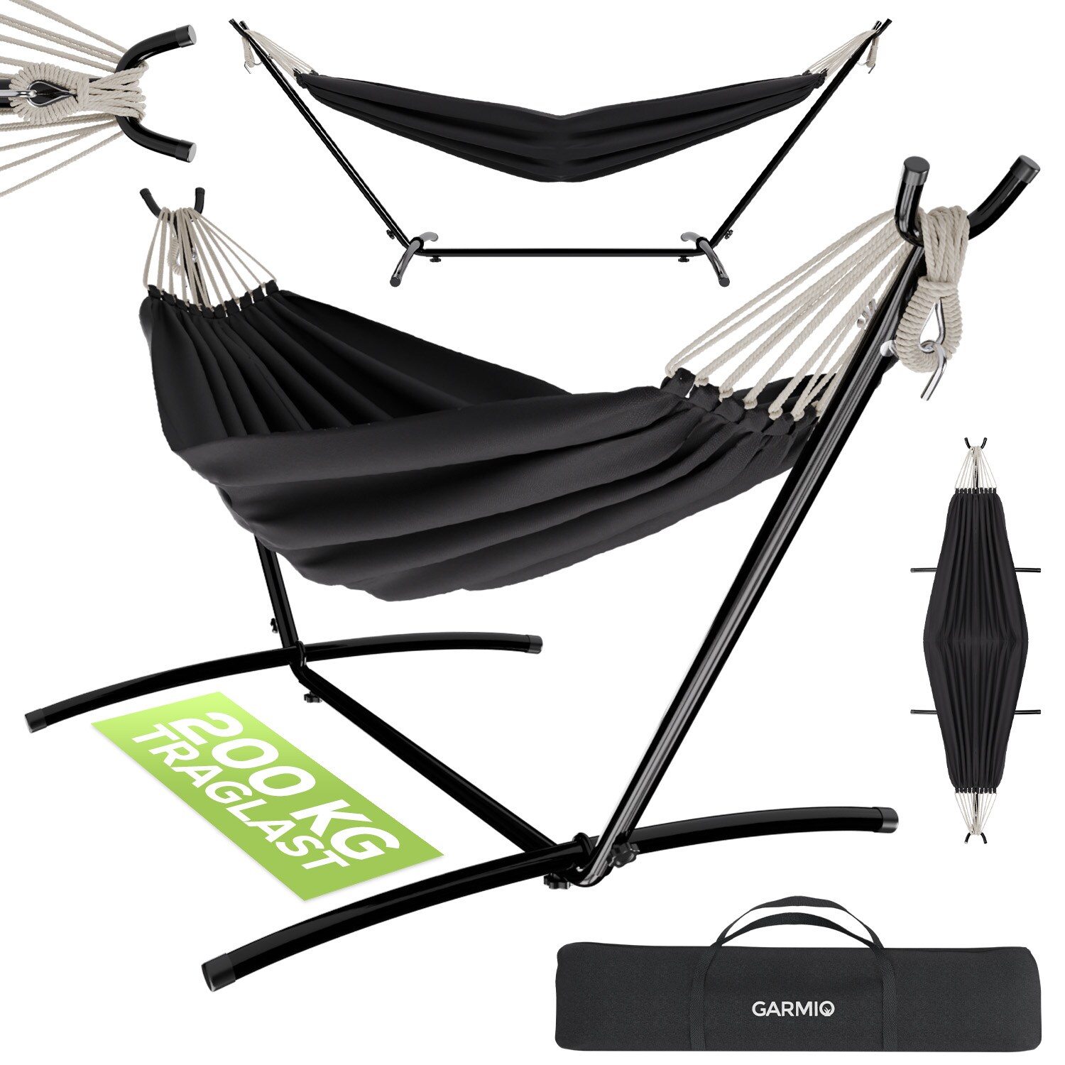 GARMIO® Hängematte anthrazit 270 x 110 x 105 cm, Stahlgestell mit Pulverbeschichtung, 200 kg Tragkraft, klappbar, inkl. Tragetasche & Montageset | 04068645000447