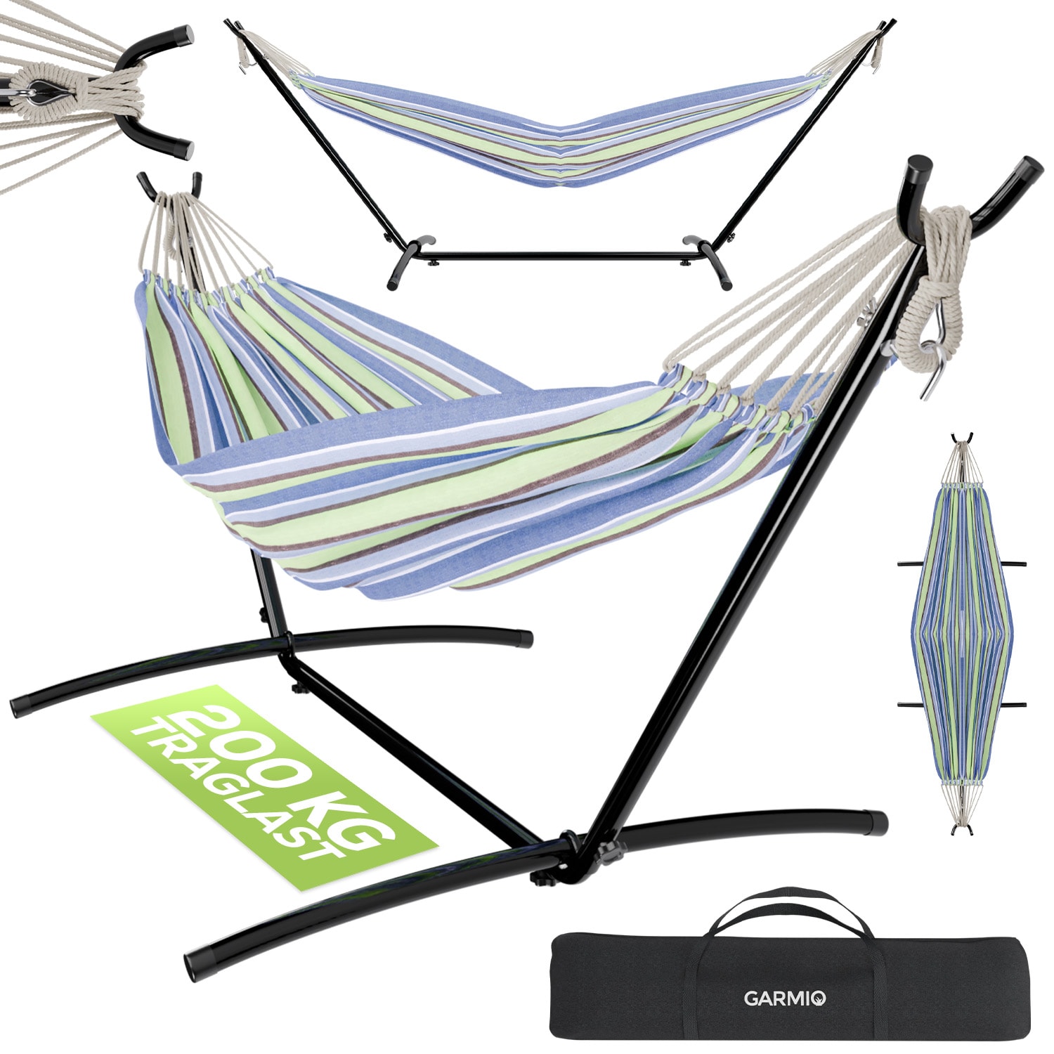 GARMIO&reg; H&auml;ngematte gestreift blau-gr&uuml;n, 270 x 110 cm, klappbar mit Stahlgestell, 200&nbsp;kg Tragkraft, inkl. Tragetasche & Zubeh&ouml;r f&uuml;r Garten oder Balkon - Bild 1