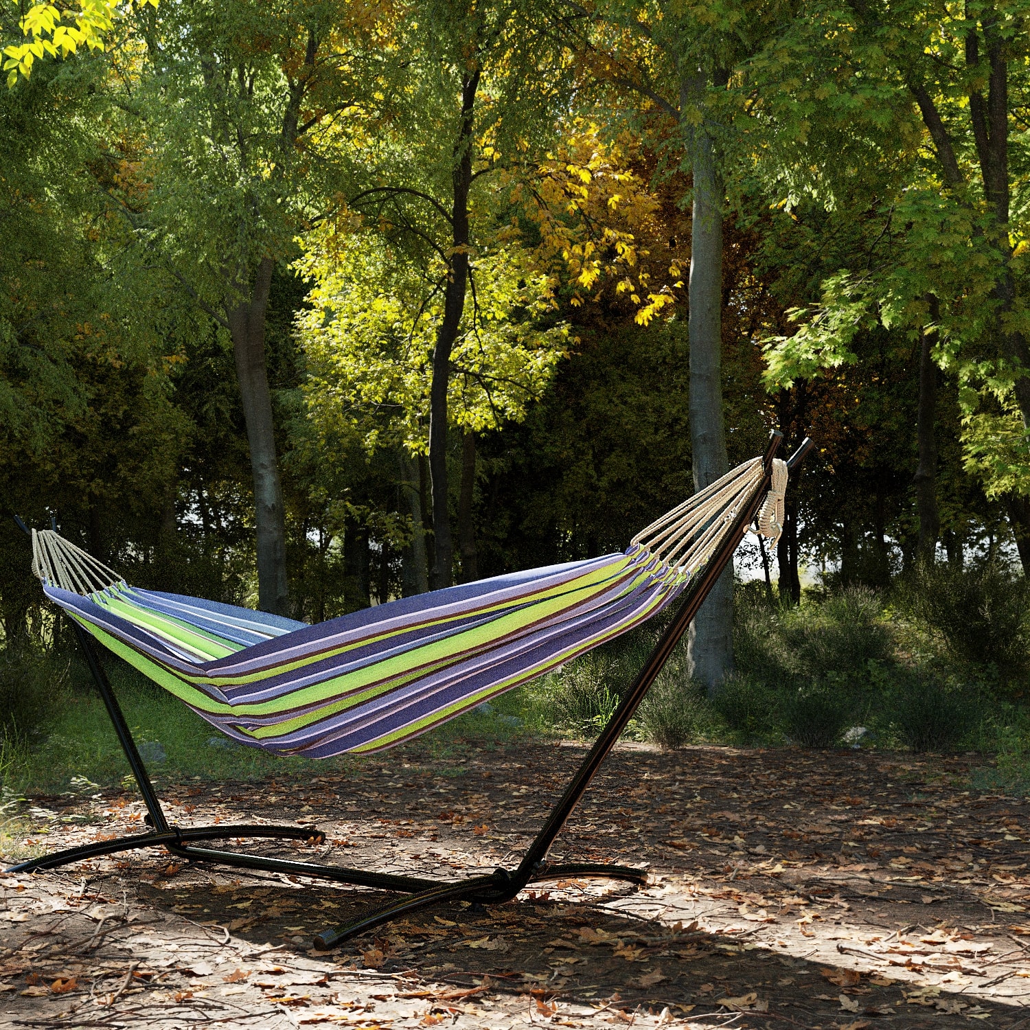 GARMIO Hngematte gestreift blau-grn, 270 x 110 cm, klappbar mit  Stahlgestell, 200 kg Tragkraft, inkl. Tragetasche & Zubehr fr Garten oder  Balkon online kaufen bei Netto