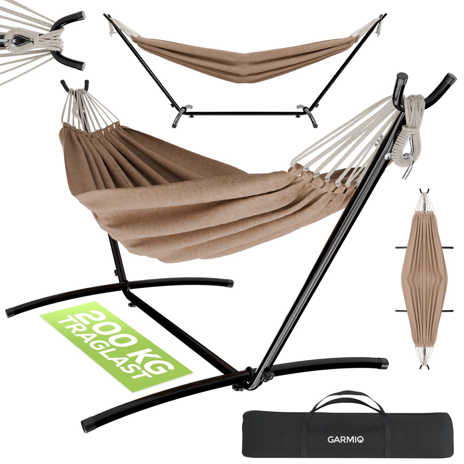 GARMIO&reg; H&auml;ngematte braun mit Stahlrohrgestell 270 x 110 x 105 cm, 200&nbsp;kg Tragkraft, wetterfest, klappbar, inkl. Zubeh&ouml;r & Transporttasche - Bild 1