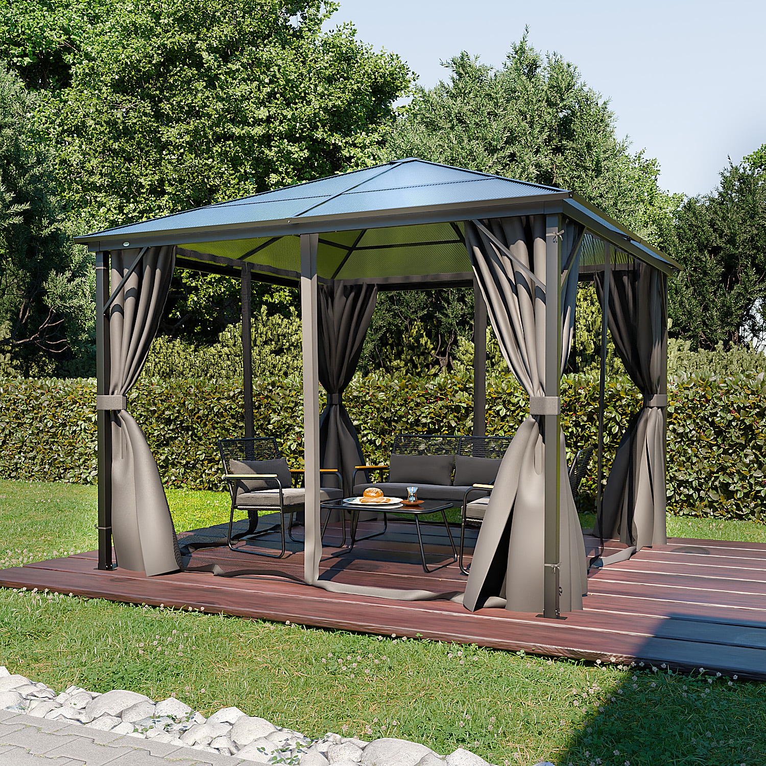GARMIO® Pavillon 3x3m Garten Überdachung mit Polycarbonat - Dach & Moskitonetz, Seitenteile wasserdicht in anthrazit, mit Metallgestell & …