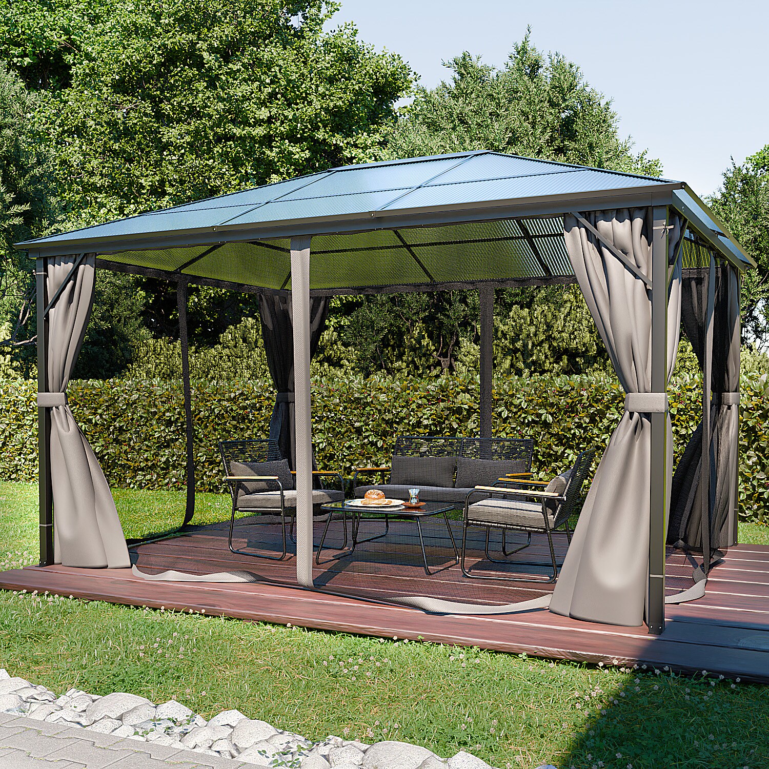 GARMIO® Pavillon 3x4m Garten Überdachung mit Polycarbonat – Dach & Moskitonetz, Seitenteile wasserdicht in anthrazit, mit Metallgestell & Aluminiumrahmen, für Outdoor | 04068645000393