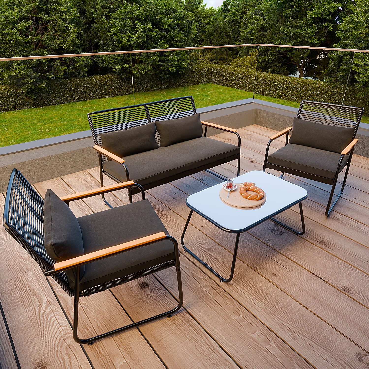 GARMIO&reg; Sitzgruppe Polyrattan Gartenm&ouml;bel Set 4-teilig Balkonm&ouml;bel mit Sitzbank und St&uuml;hlen inkl. Glastisch Gartenlounge f&uuml;r 4 Personen - Bild 1