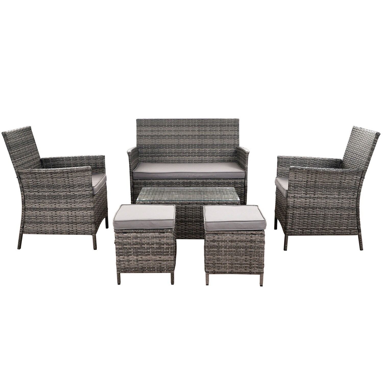 GARMIO&reg; ASTI Rattan Sitzgruppe 6-teilig | Polyrattan Gartenm&ouml;bel Set mit 2 Sesseln, 2 Hockern, Bank&nbsp;+&nbsp;Hartglas-Tisch | wetterfest & wasserabweisende Kissen - Bild 1