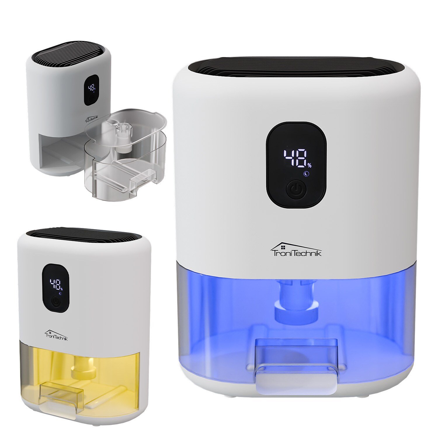 TroniTechnik® Luftentfeuchter EF-02 Mini elektrisch bis 400 ml/24 h, kompakt und leise, 1 L Tank, LED-Farblicht, für kleine Räume bis 20 m²