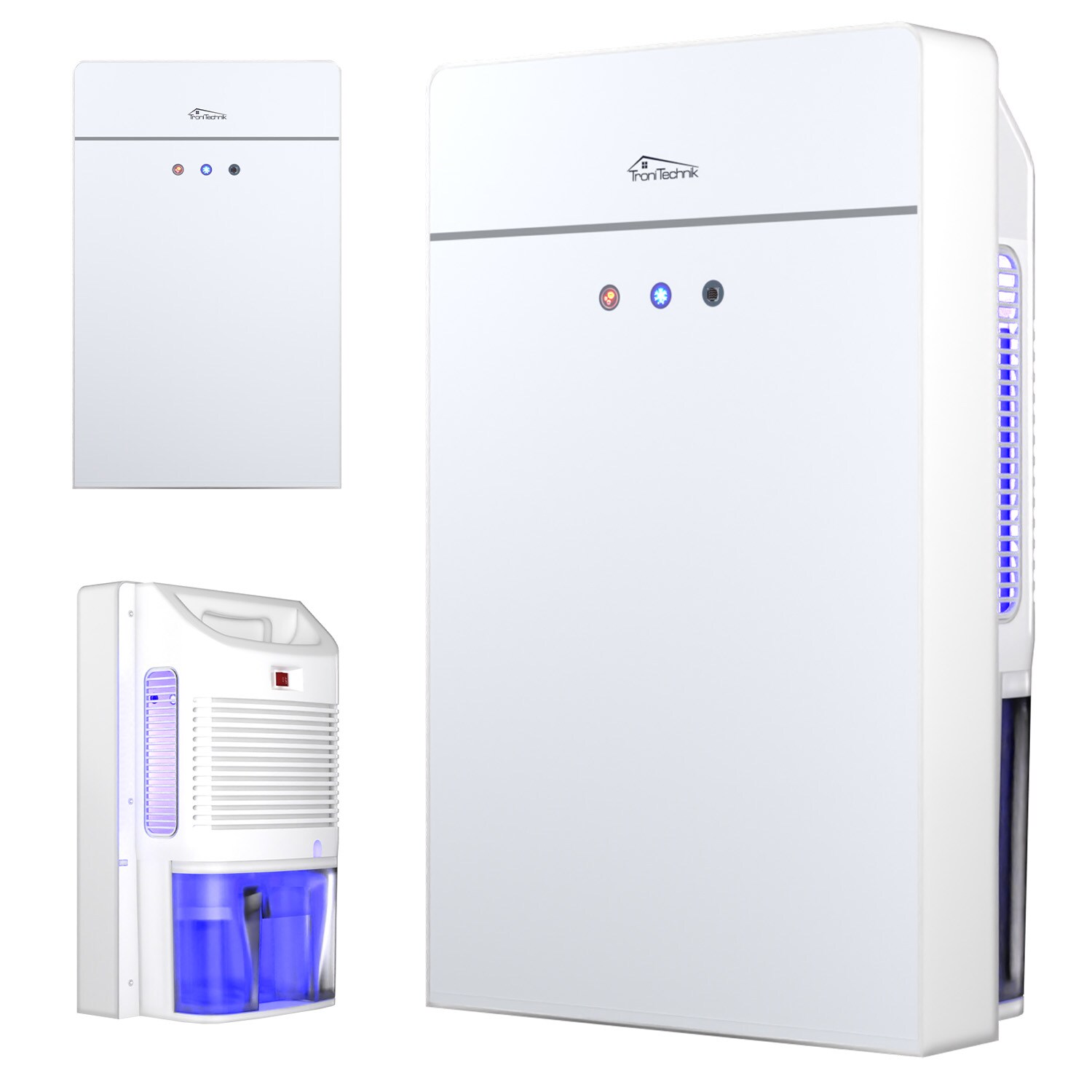 TroniTechnik® Luftentfeuchter EF-03 elektrisch bis 600 ml/24 h, 2,2 L Tank, Glasfront, Abtautomatik, leise, mit Schlauchanschluss, für Räume bis 30 m²
