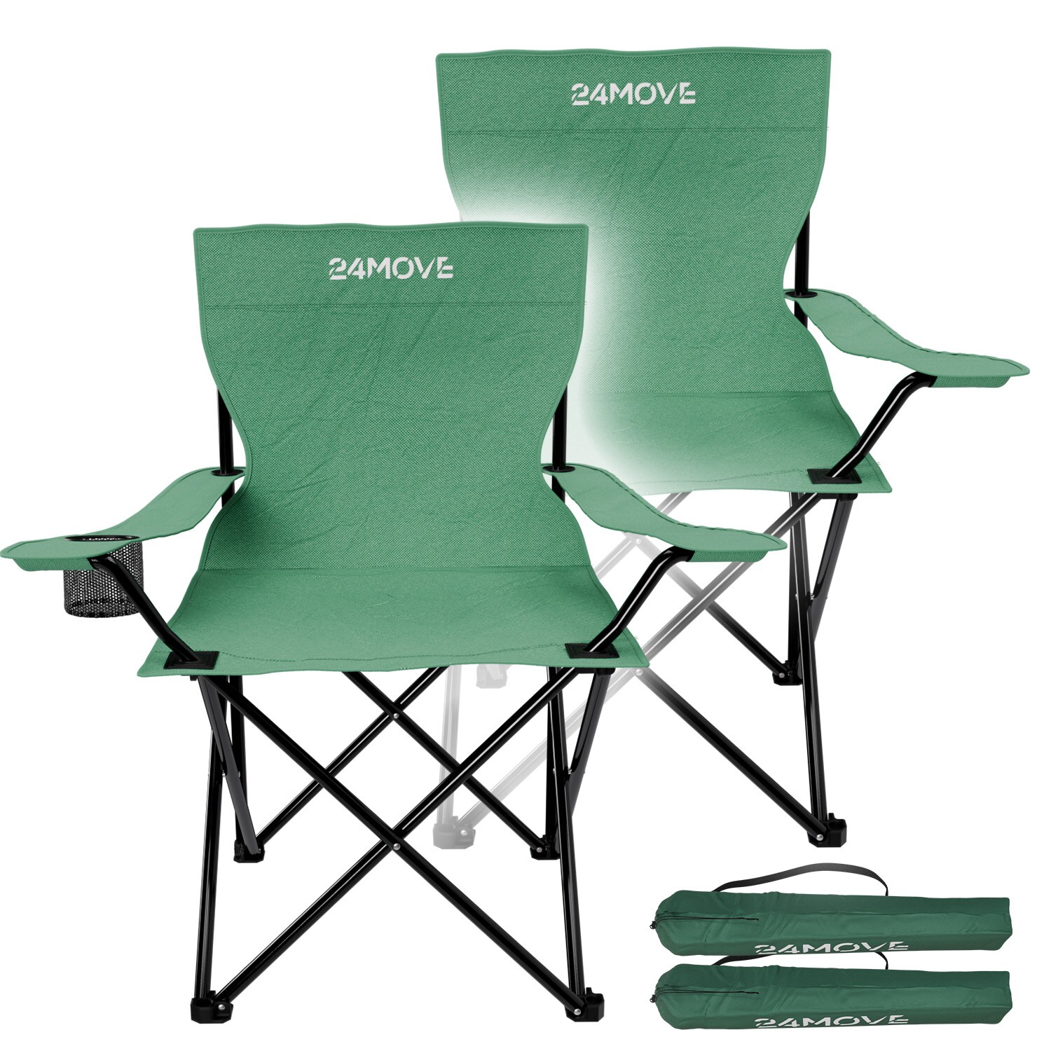 24MOVE&reg; Campingstuhl Faltstuhl, 2er Set, gr&uuml;n, mit Getr&auml;nkehalter und Tragetasche Outdoor, faltbar max. 100kg, Anglerstuhl, Polyester - Bild 1