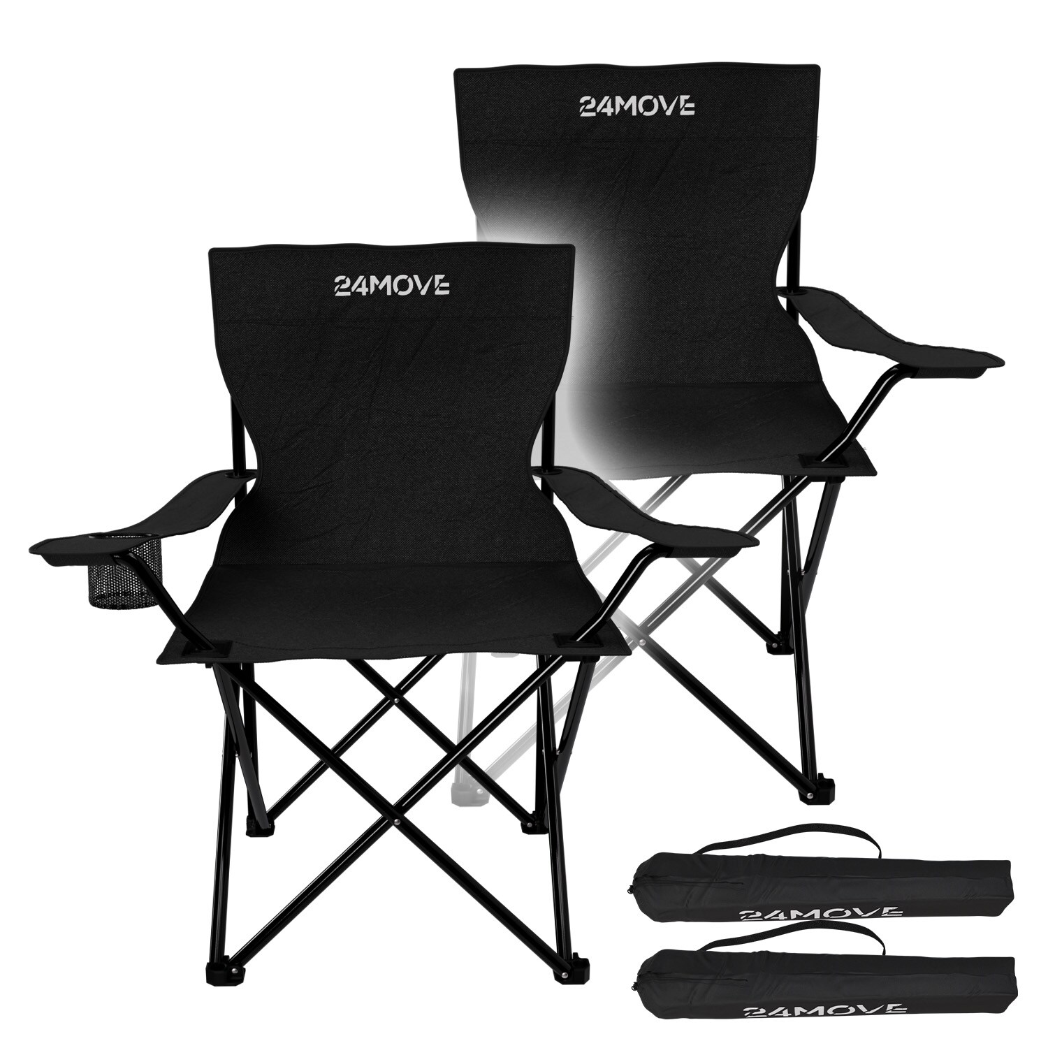24MOVE® Campingstuhl Faltstuhl, 2er Set, schwarz, mit Getränkehalter und Tragetasche Outdoor, faltbar max. 100kg, Anglerstuhl, Klappstuhl | 04099799000854