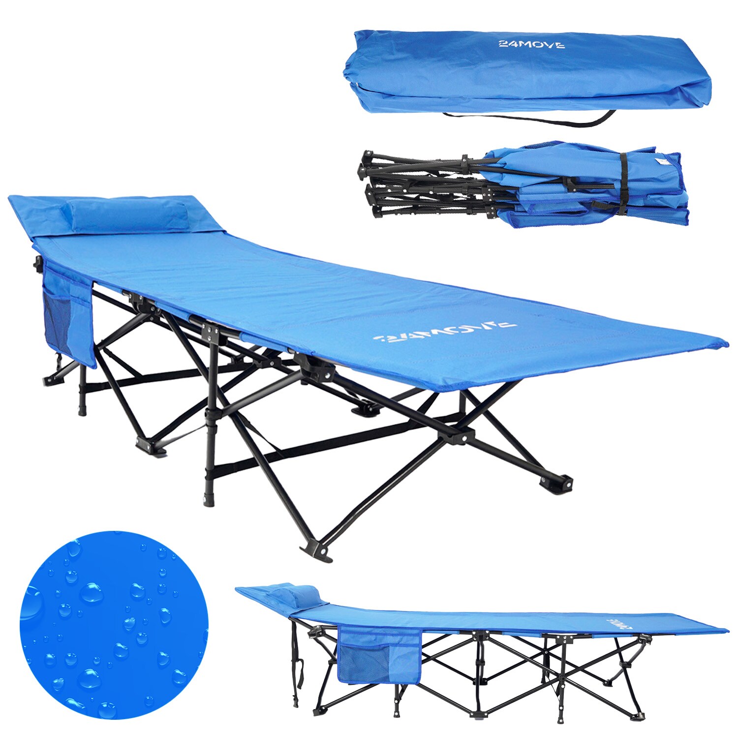 24MOVE® Feldbett Campingbett bis 150 kg In-und Outdoor Camping faltbar mit Seitentasche und Kissen