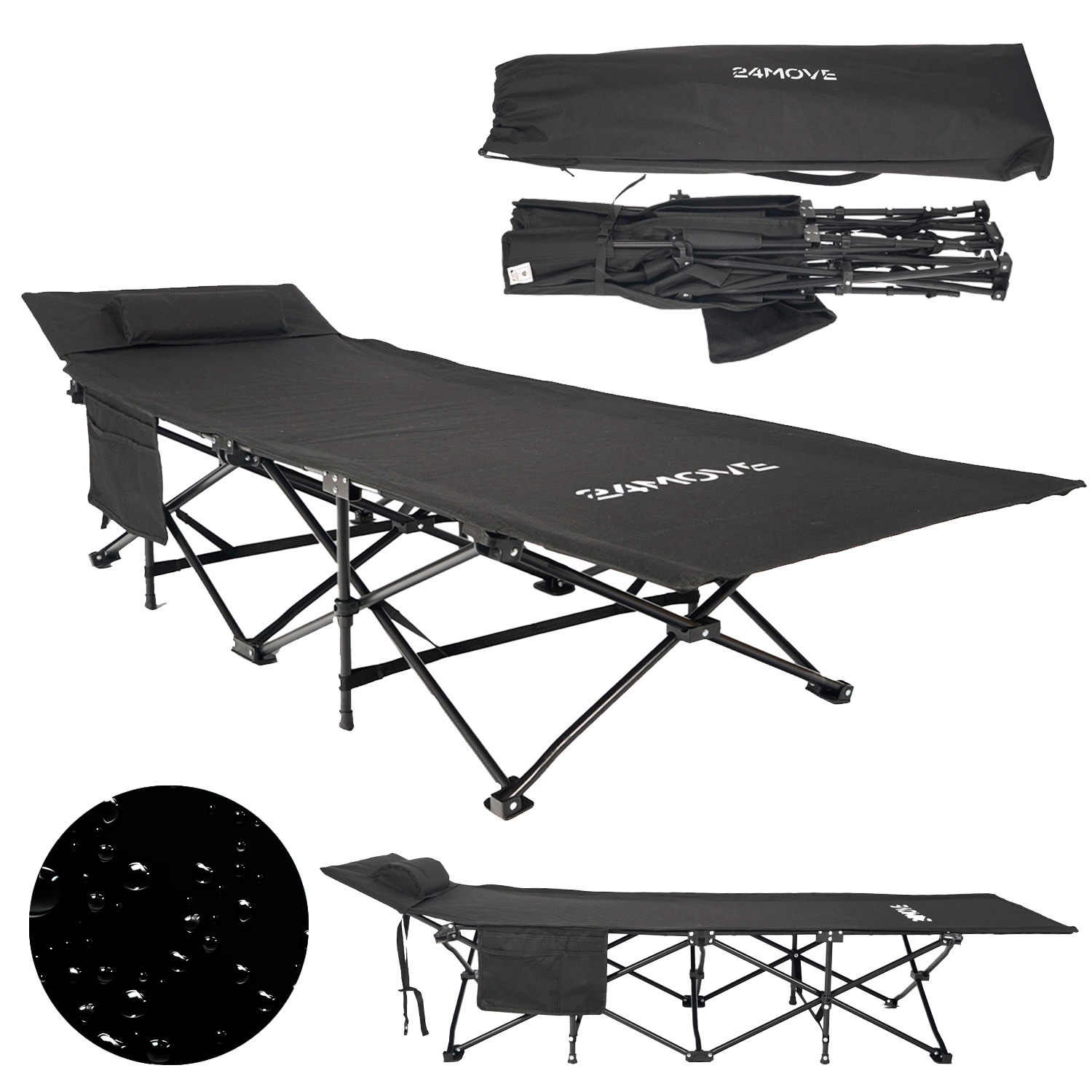 24MOVE&reg; Feldbett Campingbett bis 150 kg In-und Outdoor Camping faltbar mit Seitentasche und Kissen - Bild 1