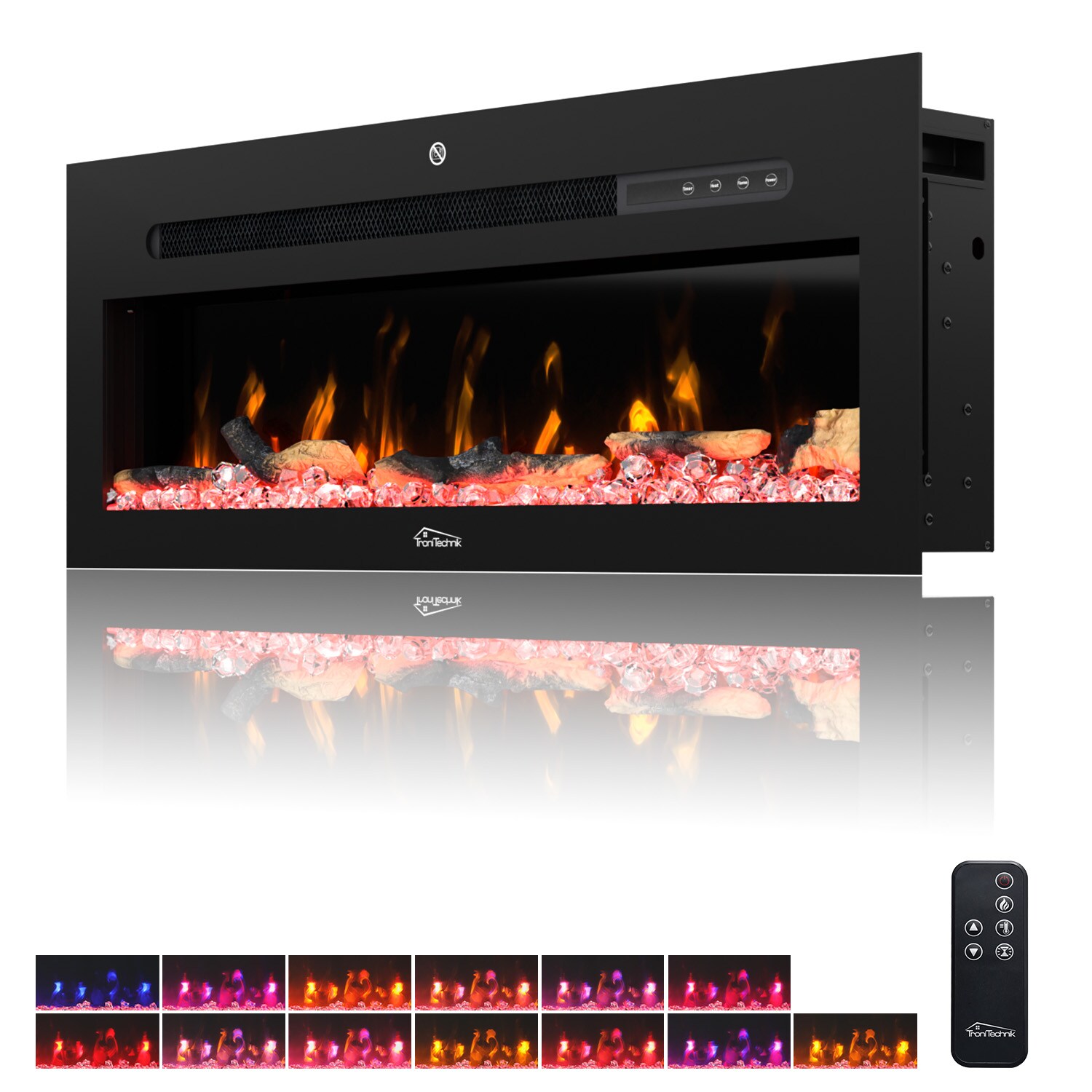 TroniTechnik&reg; Wandkamin elektrisch, Panorama Elektrokamin Schwarz mit LED Flammeneffekt, 900/1800W Heizleistung, dimmbar, App-Steuerung, Fernbedienung, Timer, Kristalle - Bild 1