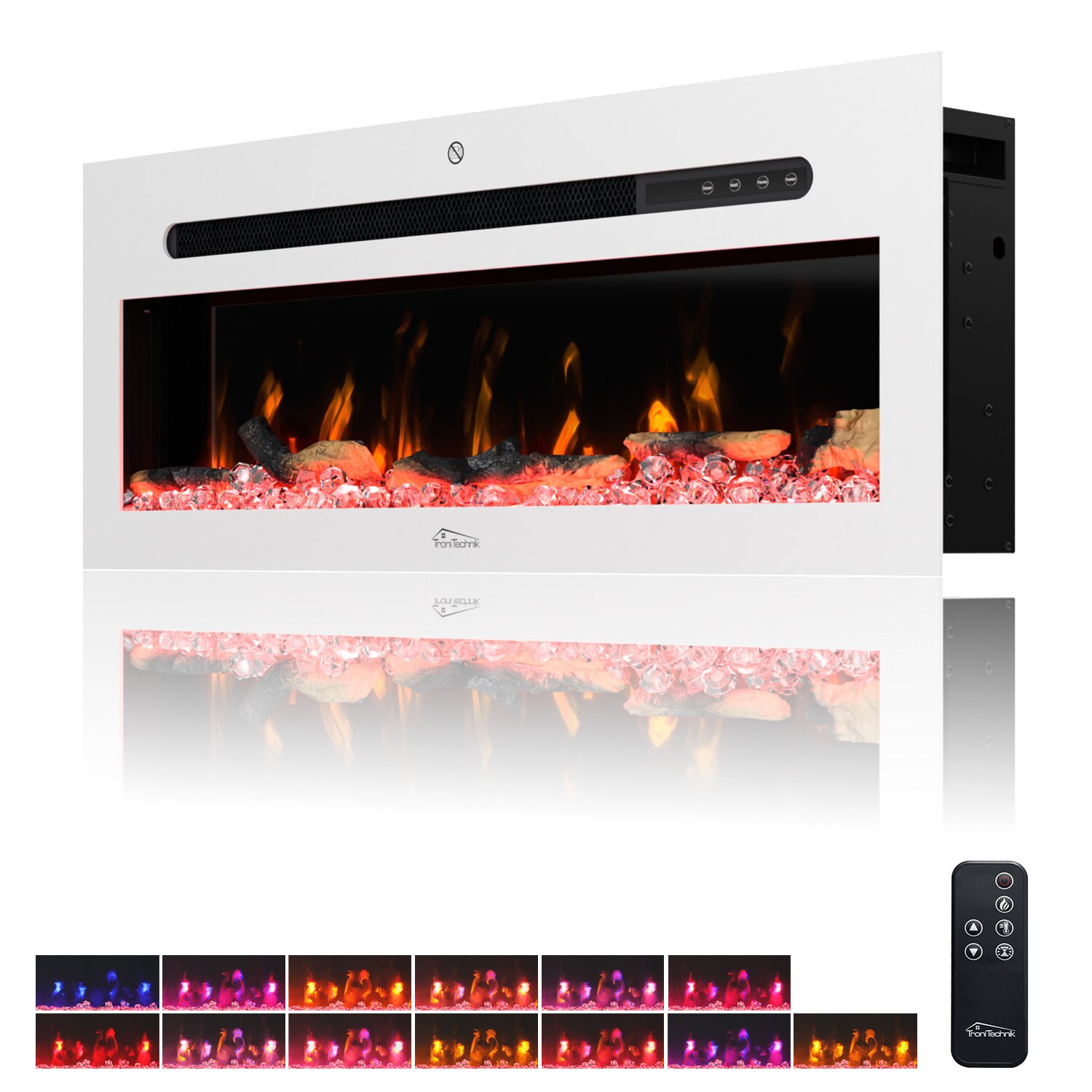 TroniTechnik Wandkamin Panorama Elektrokamin LED Flammeneffekt Elektrisch Timer 12 Farben inkl. Kristalle 900/1800W wei&szlig; - Bild 1