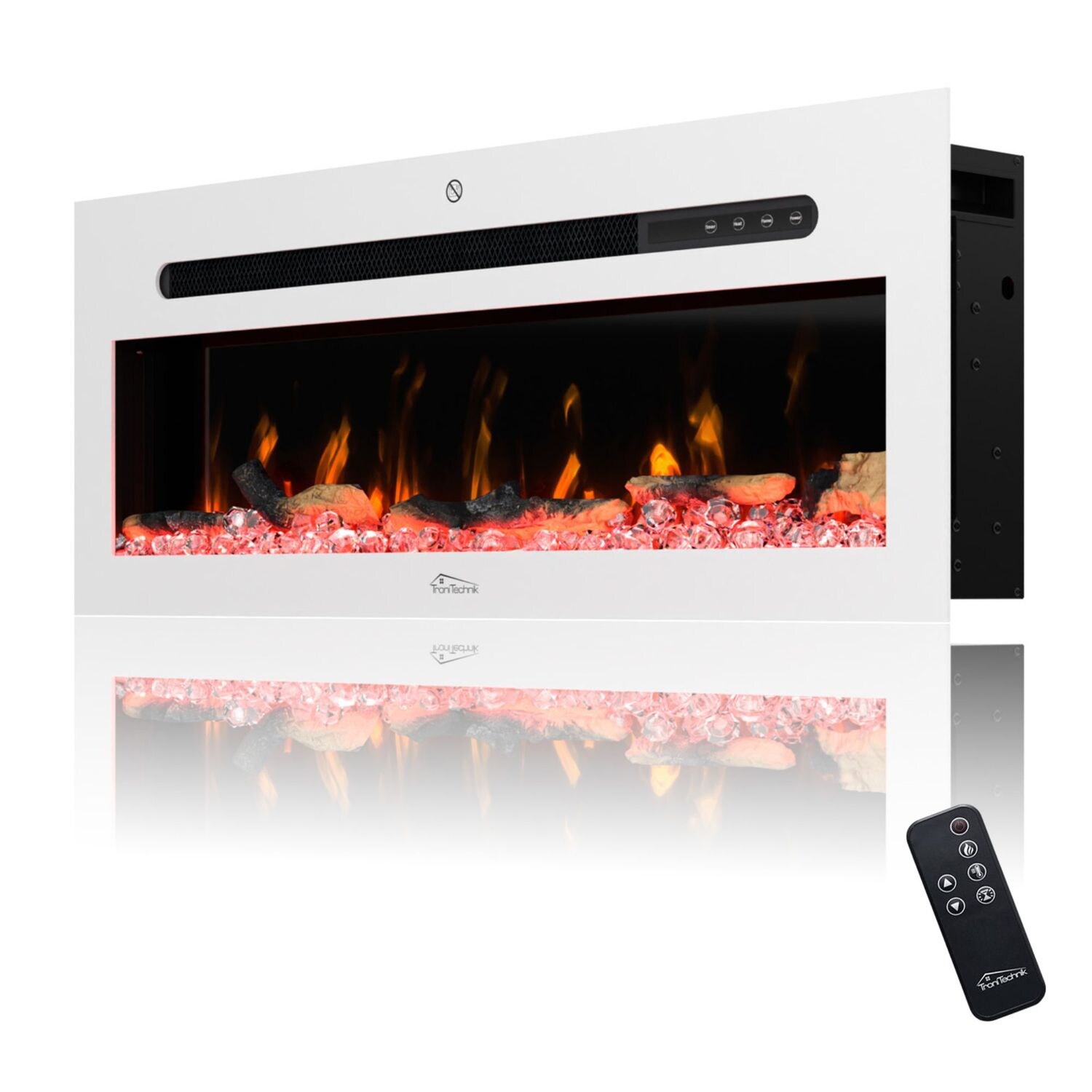 TroniTechnik Wandkamin Panorama Elektrokamin LED Flammeneffekt Elektrisch Timer 12 Farben inkl. Kristalle 900/1800W weiß