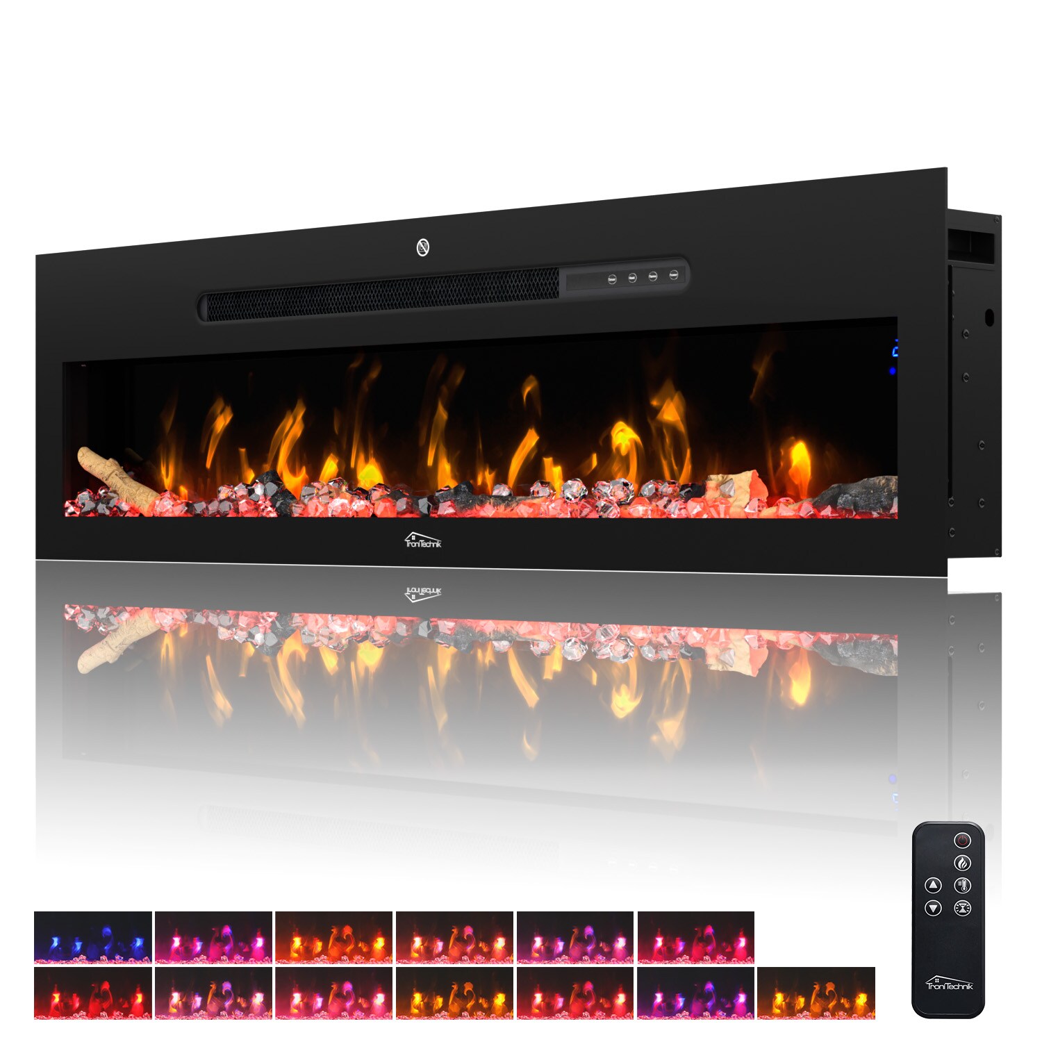 TroniTechnik&reg; Wandkamin elektrisch, Panorama Elektrokamin Schwarz mit LED Flammeneffekt, 900/1800W Heizleistung, dimmbar, App-Steuerung, Fernbedienung, Timer, Kristalle - Bild 1
