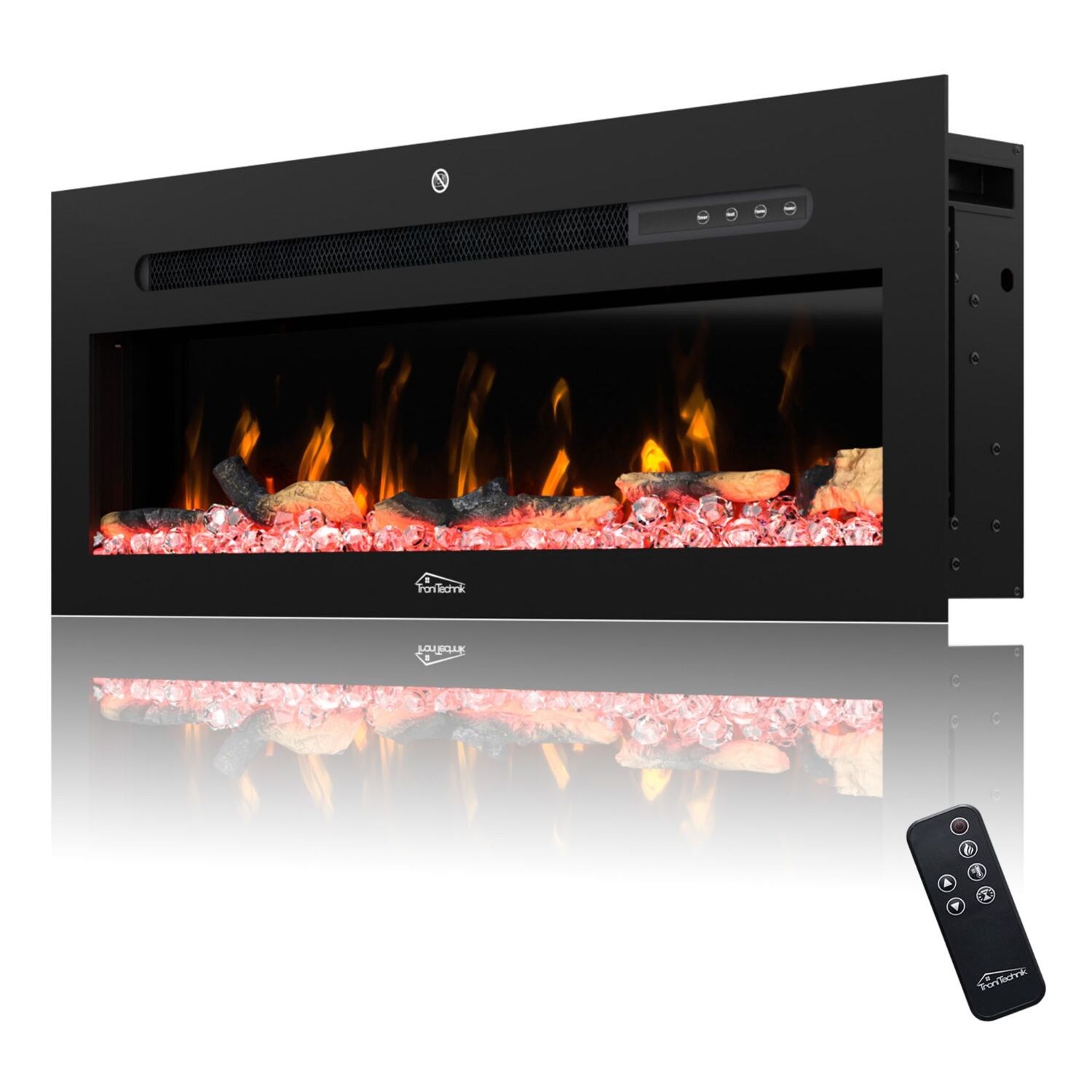 TroniTechnik® Wandkamin elektrisch, Panorama Elektrokamin Schwarz mit LED Flammeneffekt, 900/1800W Heizleistung, dimmbar, App-Steuerung, Fernbedienung, Timer, Kristalle