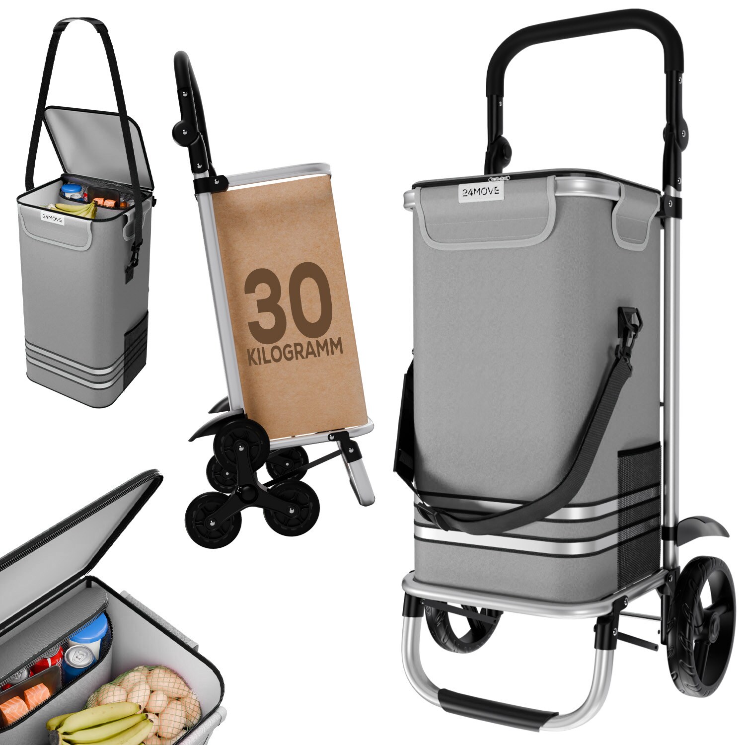 24MOVE&reg; Einkaufstrolley VEHLO 3in1 Trolley faltbarer Einkaufswagen mit K&uuml;hlfach, grau - Bild 1