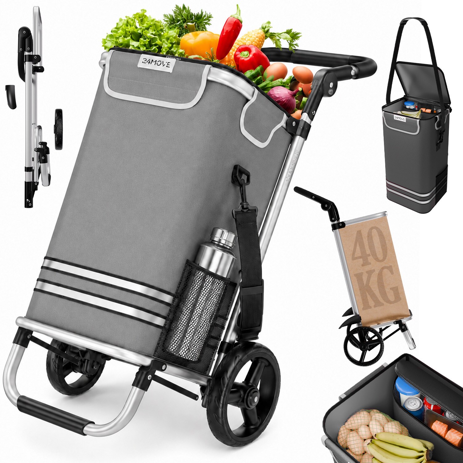 24MOVE® Einkaufstrolley VEHLO 3in1 Trolley faltbarer Einkaufswagen mit Kühlfach, grau