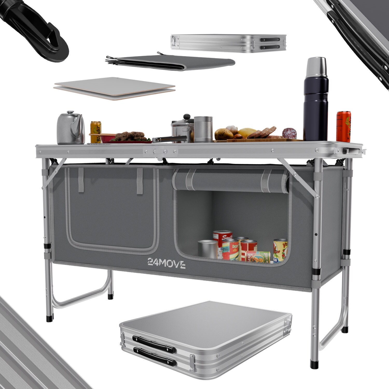 24MOVE® Campingküche PRAIA faltbar, Alu Outdoorküche mit Arbeitsplatte und Staufächern, höhenverstellbar
