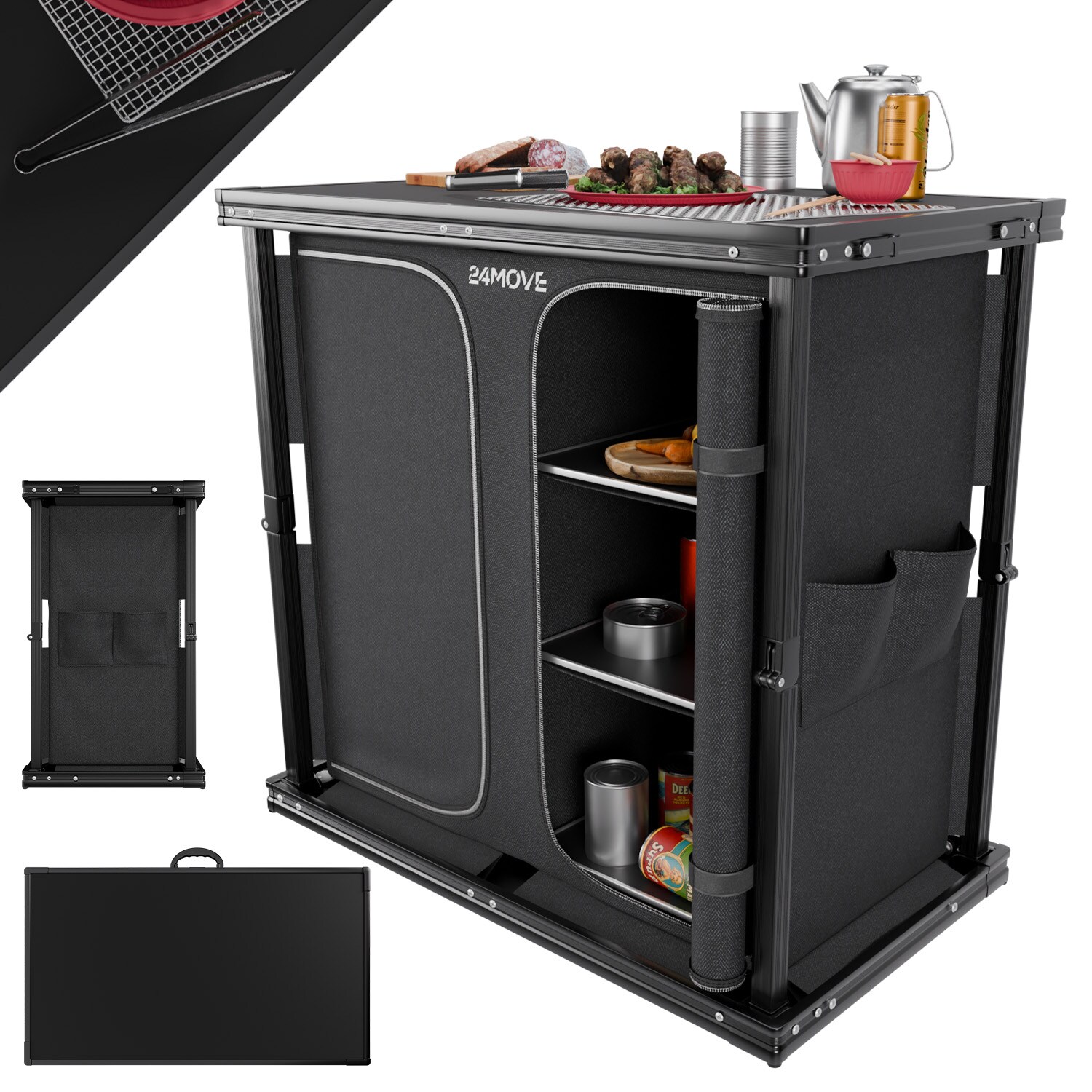 24MOVE® Campingküche AVERSA faltbar, Aluminium Reiseküche mit Arbeitsplatte, Staufächern & stabilem Gestell für Camping | 04099799000991