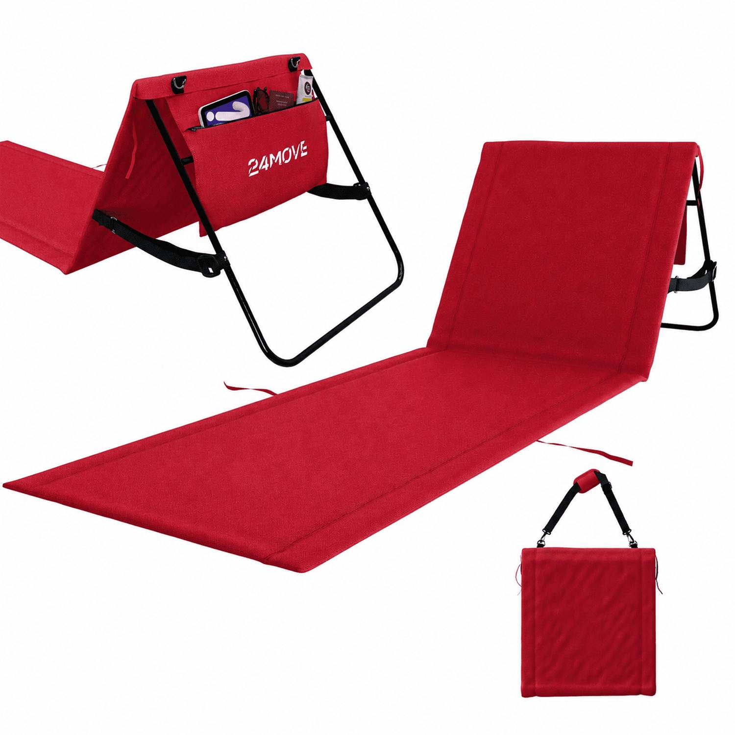 24MOVE&reg; Strandmatte 1er Set klappbar mit R&uuml;ckenlehne, Strandliege mit Gurt, tragbar f&uuml;r Strand und Garten, Liegematte rot - Bild 1