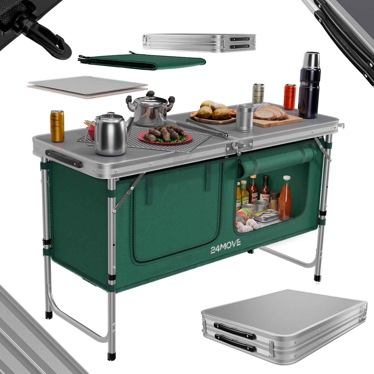 24MOVE® Campingküche PRAIA faltbar, Alu Outdoorküche mit Arbeitsplatte und Staufächern, höhenverstellbar