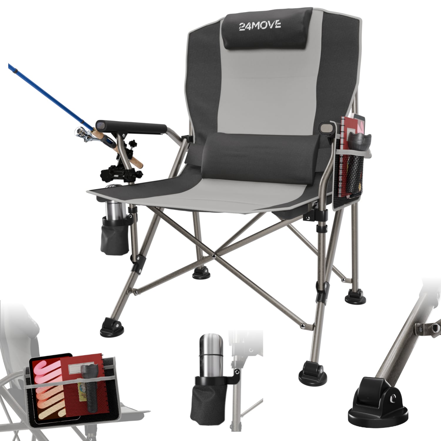 24MOVE&reg; Campingstuhl Anglerstuhl Klappstuhl faltbar Camping inkl. Tragetasche, bis 150kg belastbar, grau - Bild 1