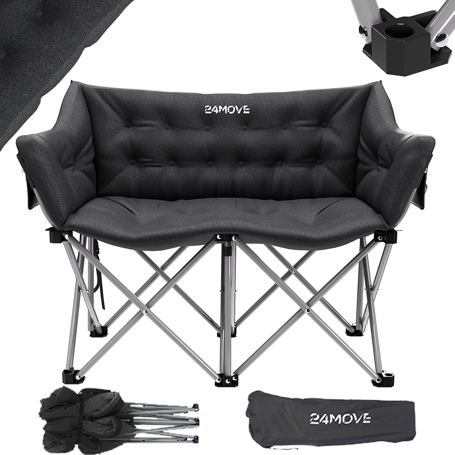 24MOVE® Campingsofa Faltstuhl mit Seitentasche Outdoor Klappstuhl, faltbar max. 300kg, schwarz