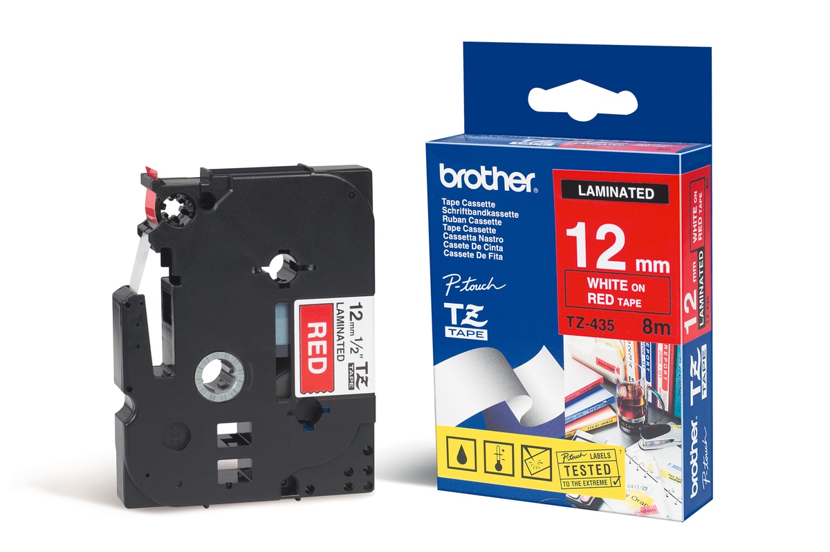 Schriftband TZe-435 (lam.) Wei&szlig; auf Rot BxL 12mm x 8m - Bild 1