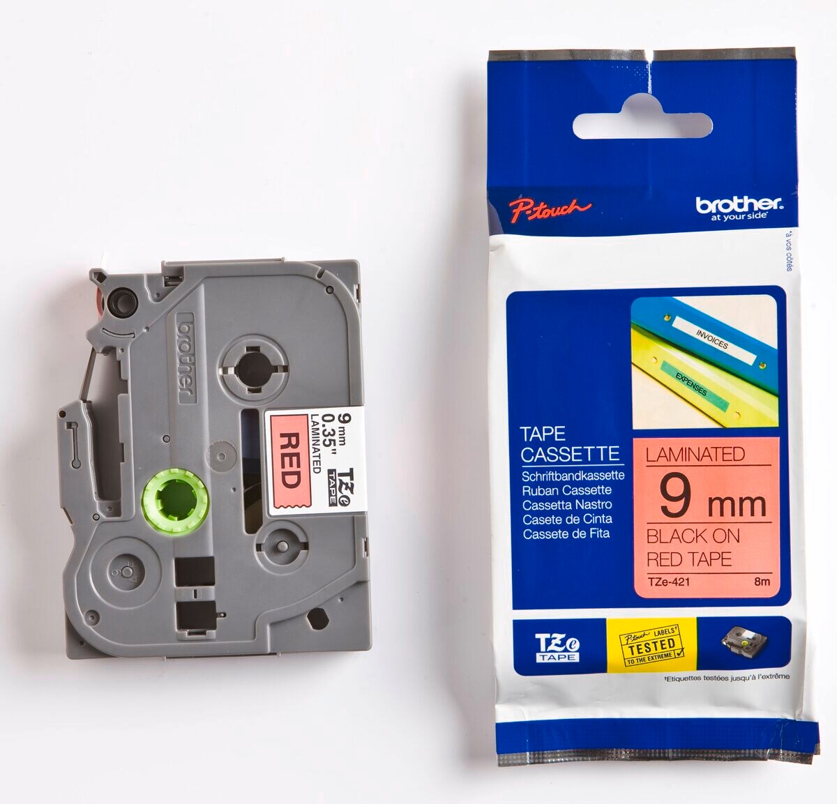 Schriftband TZe-421 (lam.) Schwarz auf Rot BxL 9mm x 8m - Bild 1