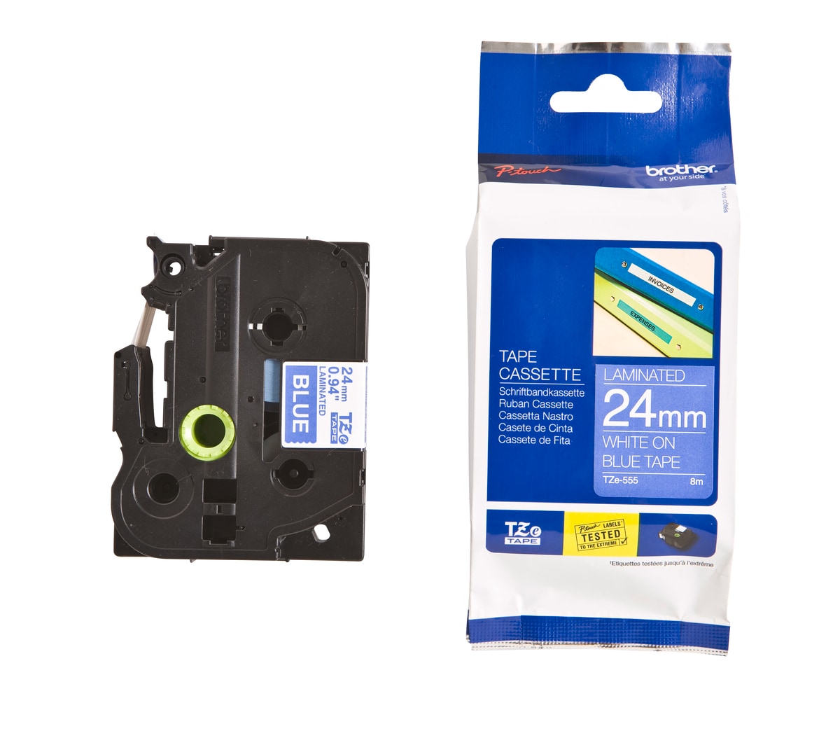 Brother Schriftband TZe-555 (lam.) Wei&szlig; auf Blau 24mm x 8m - Bild 1
