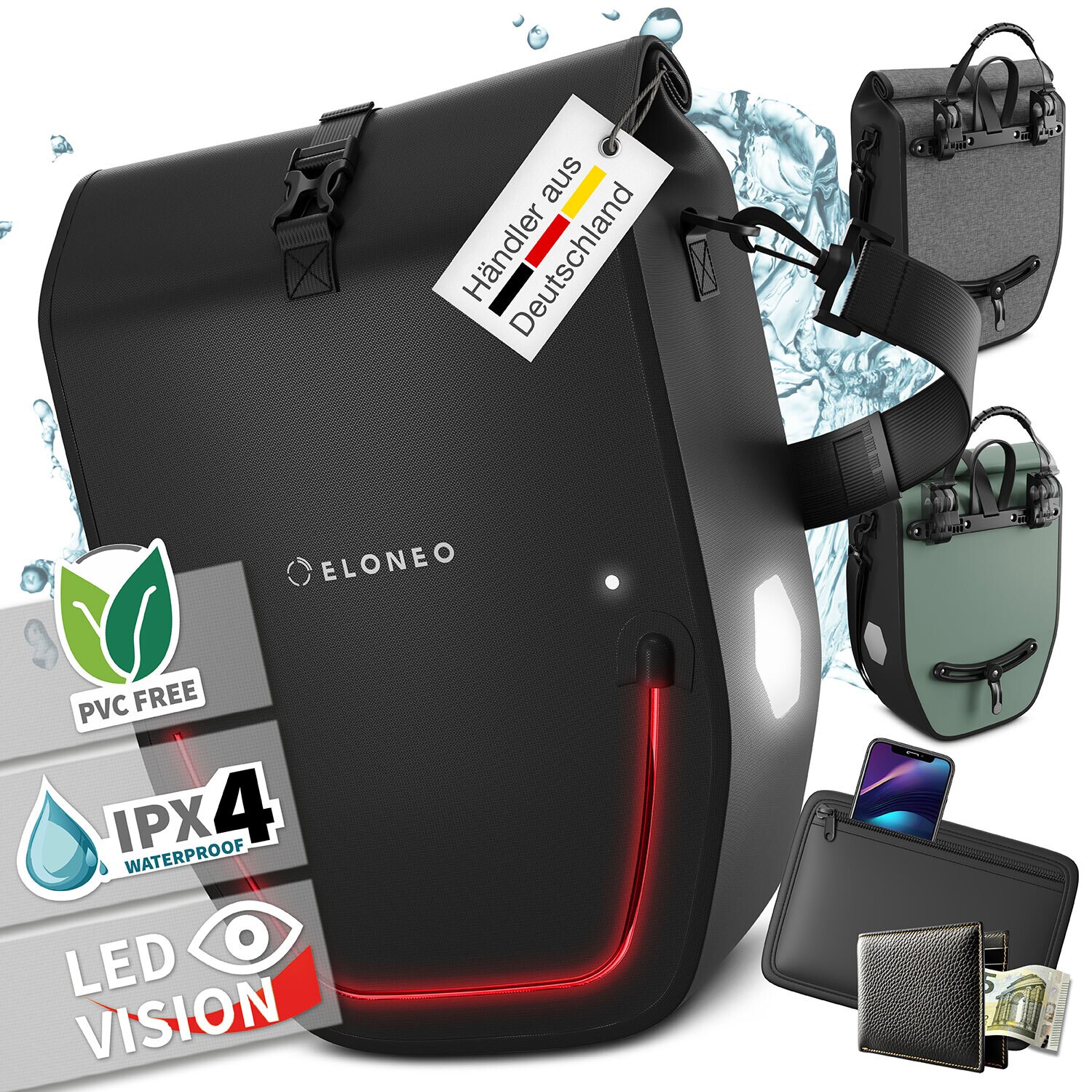 ELONEO Fahrradtasche für Laptop wasserdicht mit LED, 28L | 04260346889226