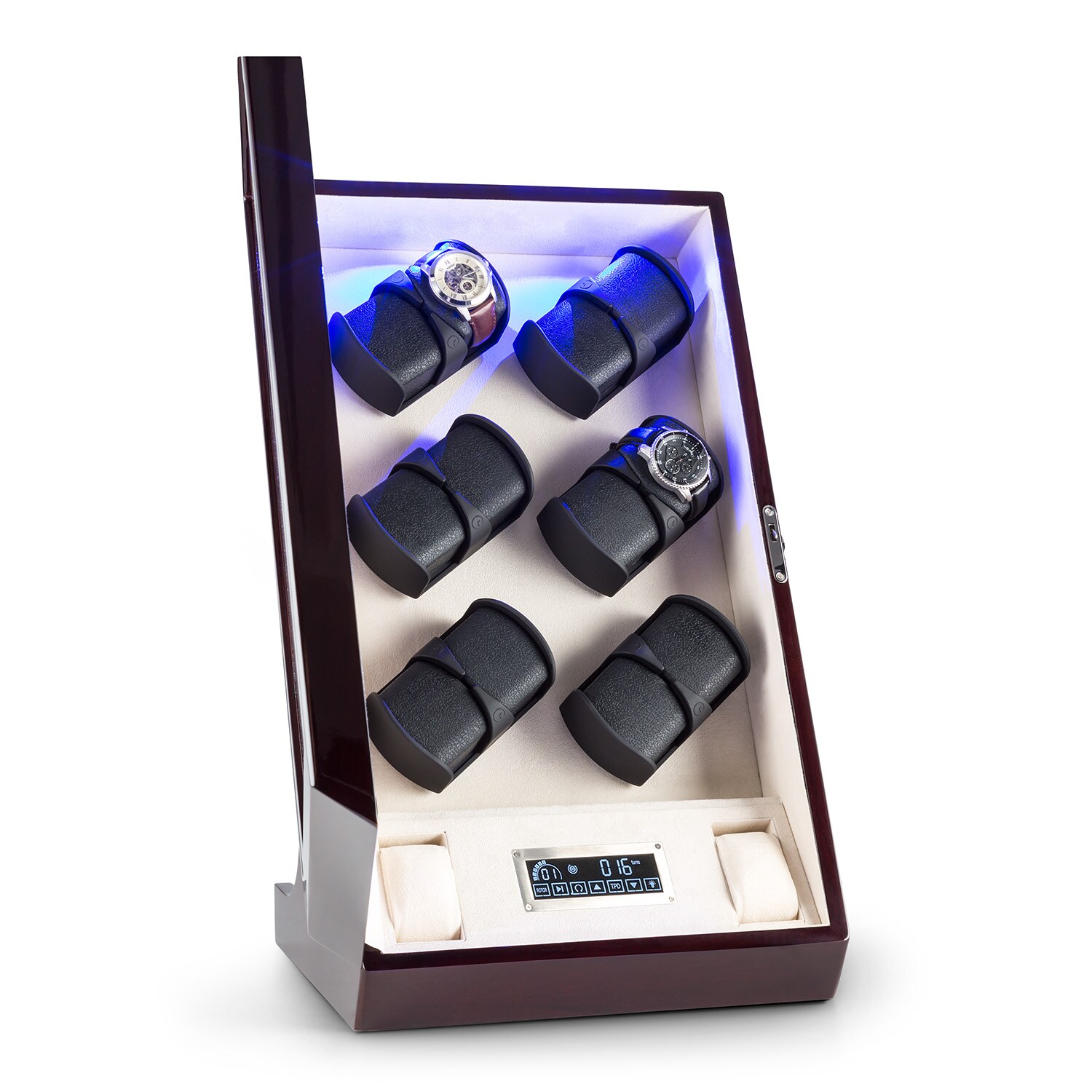 Klingenthal Uhrenbeweger Rechts-Links-Lauf bis 2200U/d 12 Uhren RGB-LED Touch abschließbar Mahagoni