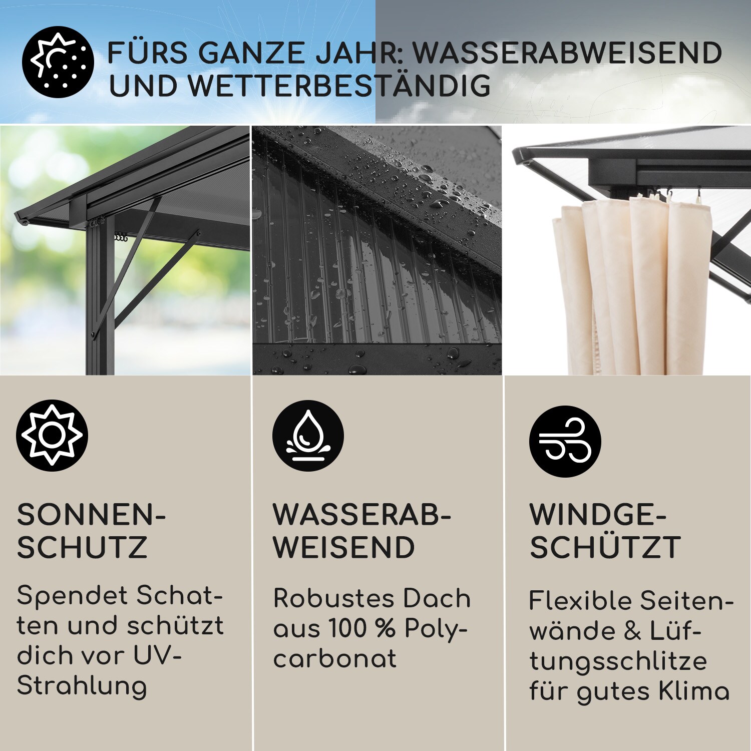 Pantheon Solid Sky Ambient Solar Pavillon mit grauem Dach 3x3m  Polycarbonat Aluminium | 04060656450778