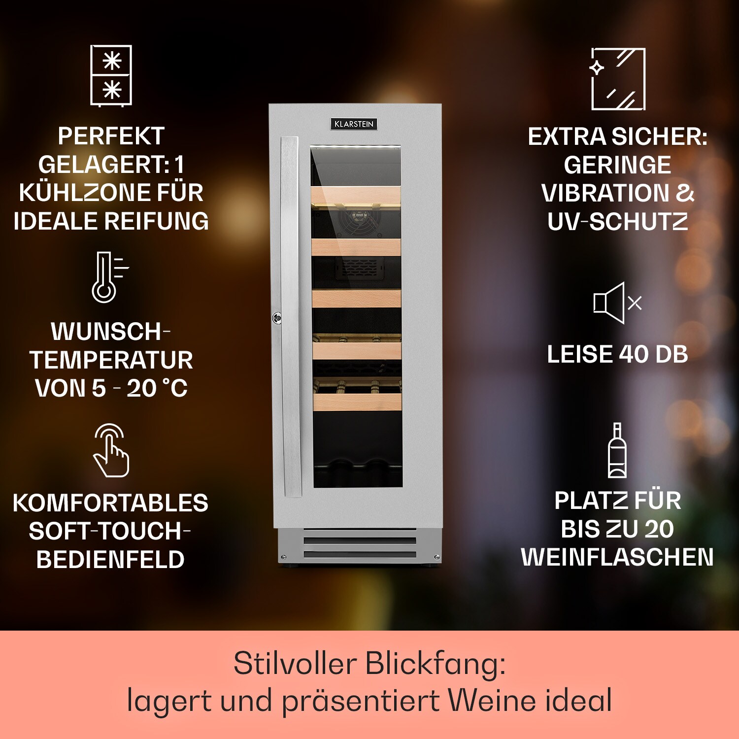 Vinovilla  Weinkühlschrank 50l / 20 Flaschen Glastür Edelstahl | 04260509686570