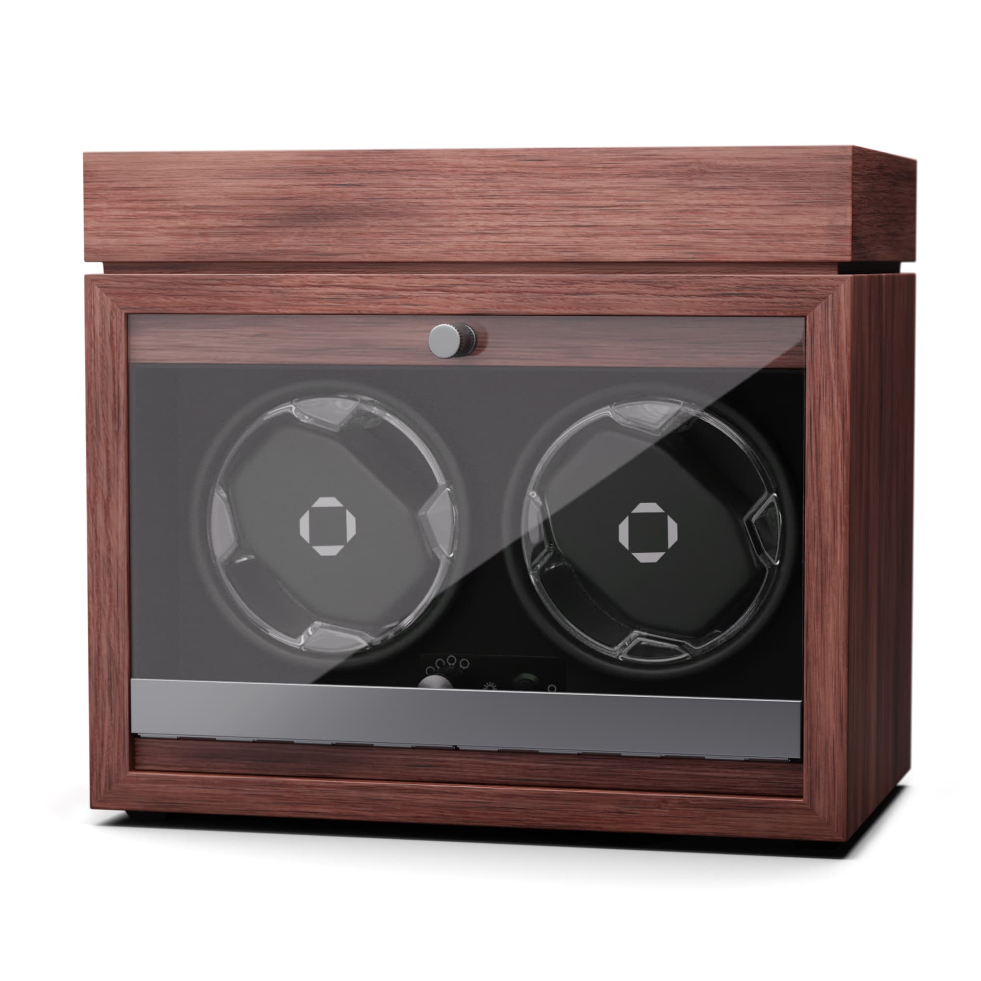 Brienz 2 Uhrenbeweger, 2 Uhren, 4 Modi, Holz-Optik, blaue   Innenbeleuchtung, Schmuckfach Walnuss - Bild 1